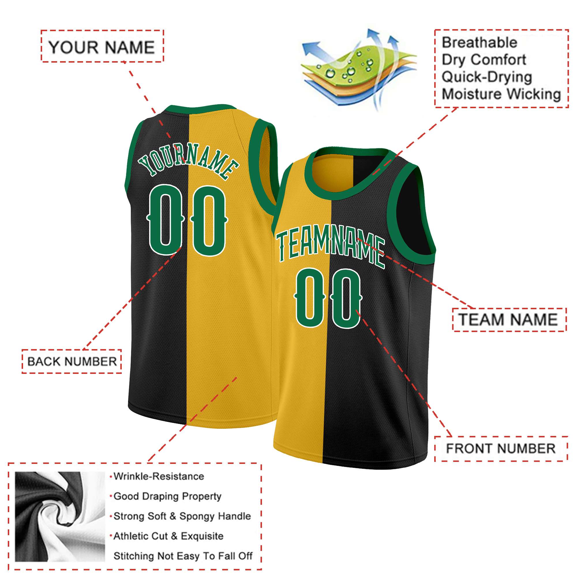 Custom Black Green-White Split Fashion Tops Basketball Jersey