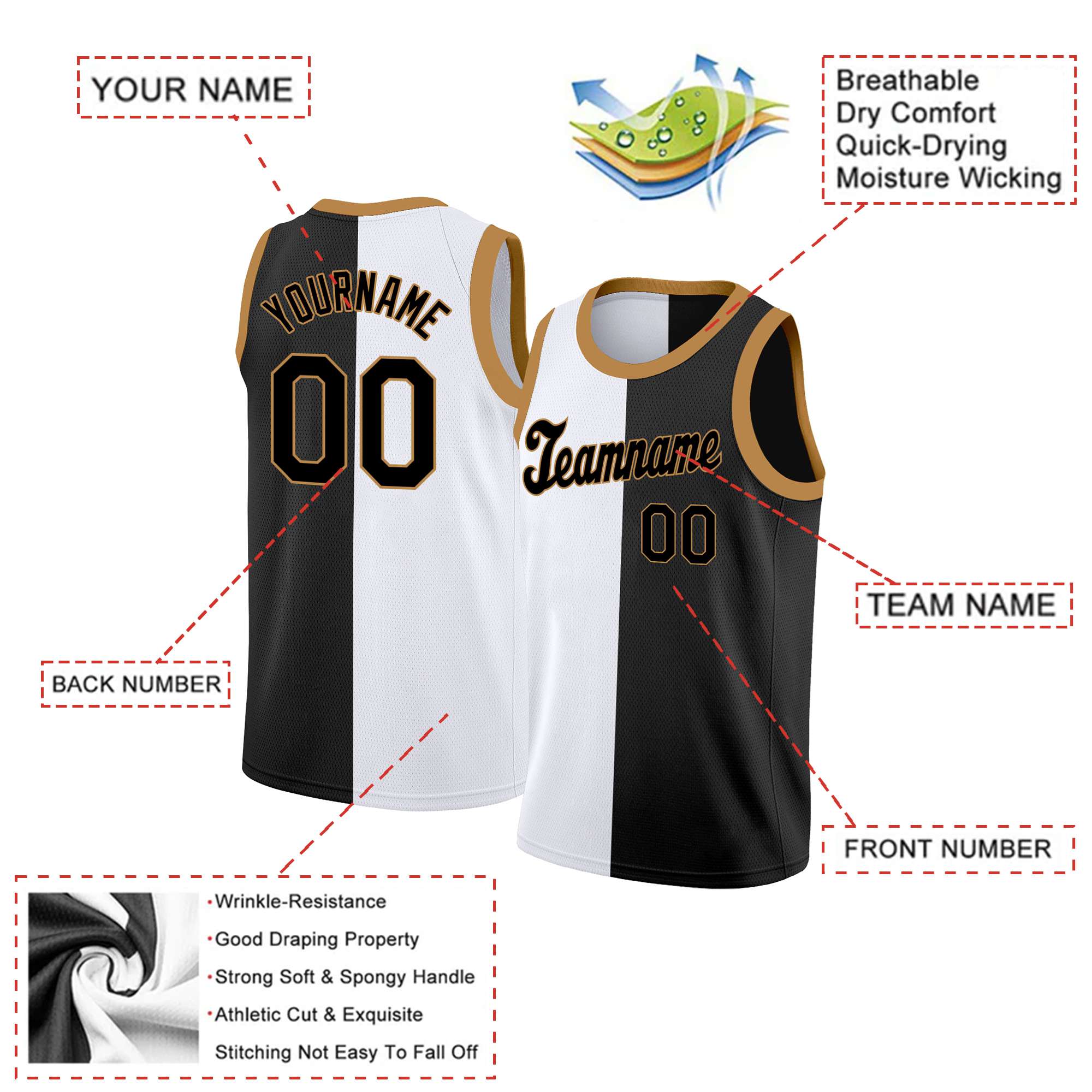 Custom Black Black Gold-1 Split Fashion Tops Basketball Jersey