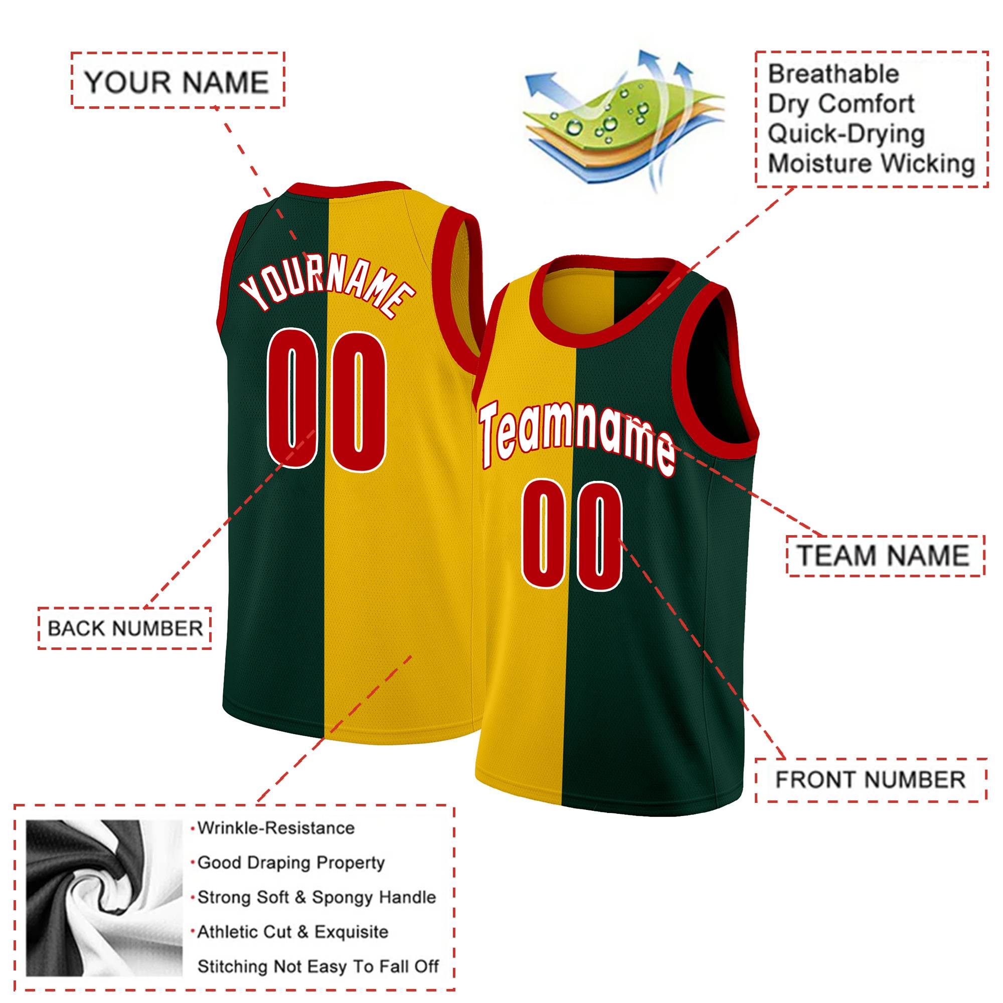 Custom Green Red-White Split Fashion Tops Basketball Jersey