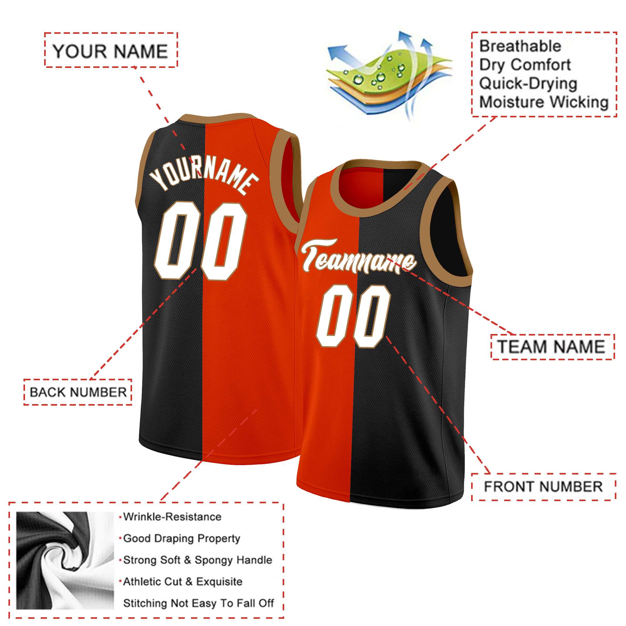 Custom Black White-Brown Split Fashion Tops Basketball Jersey