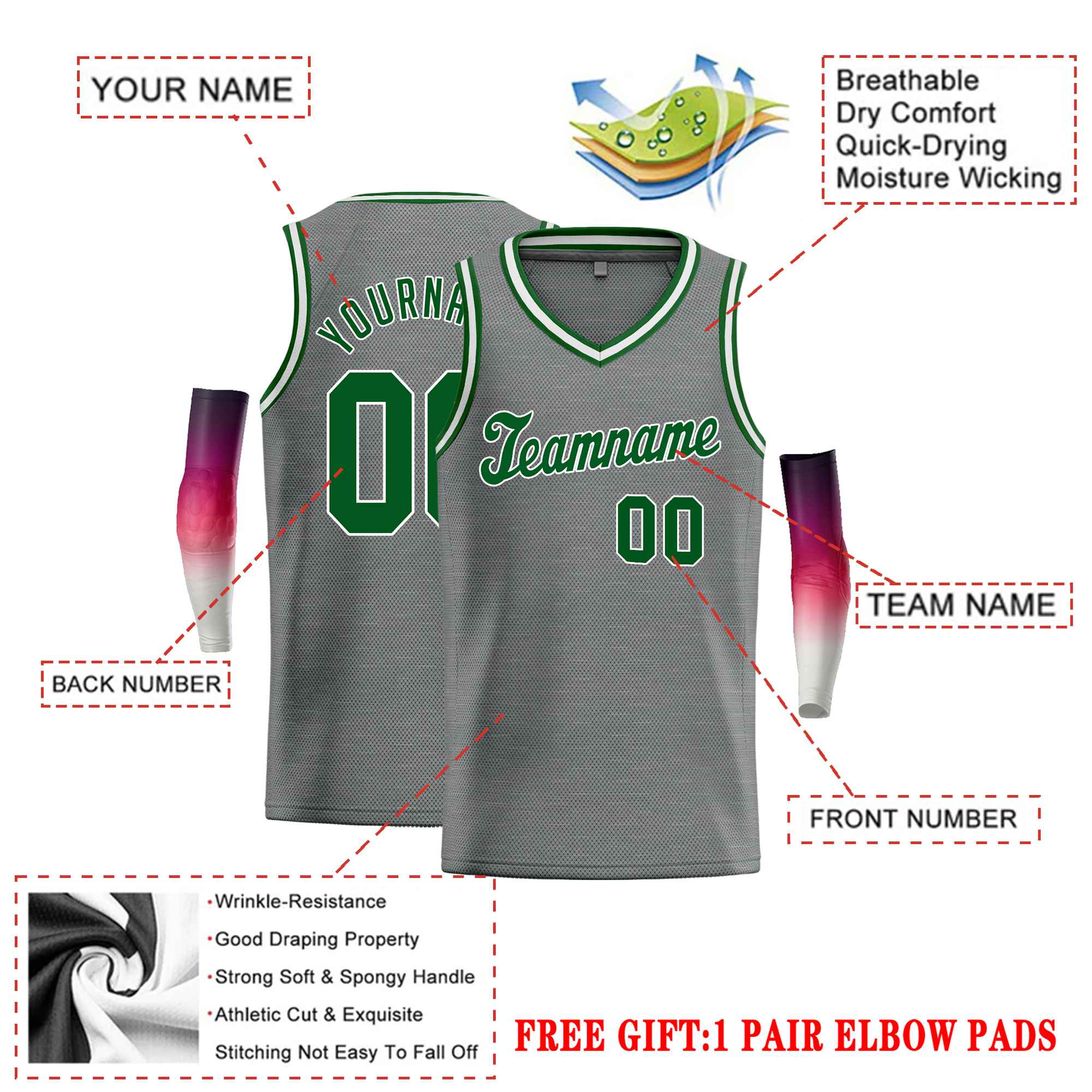 Custom Dark Gray Kelly Green Classic Tops Basketball Jersey