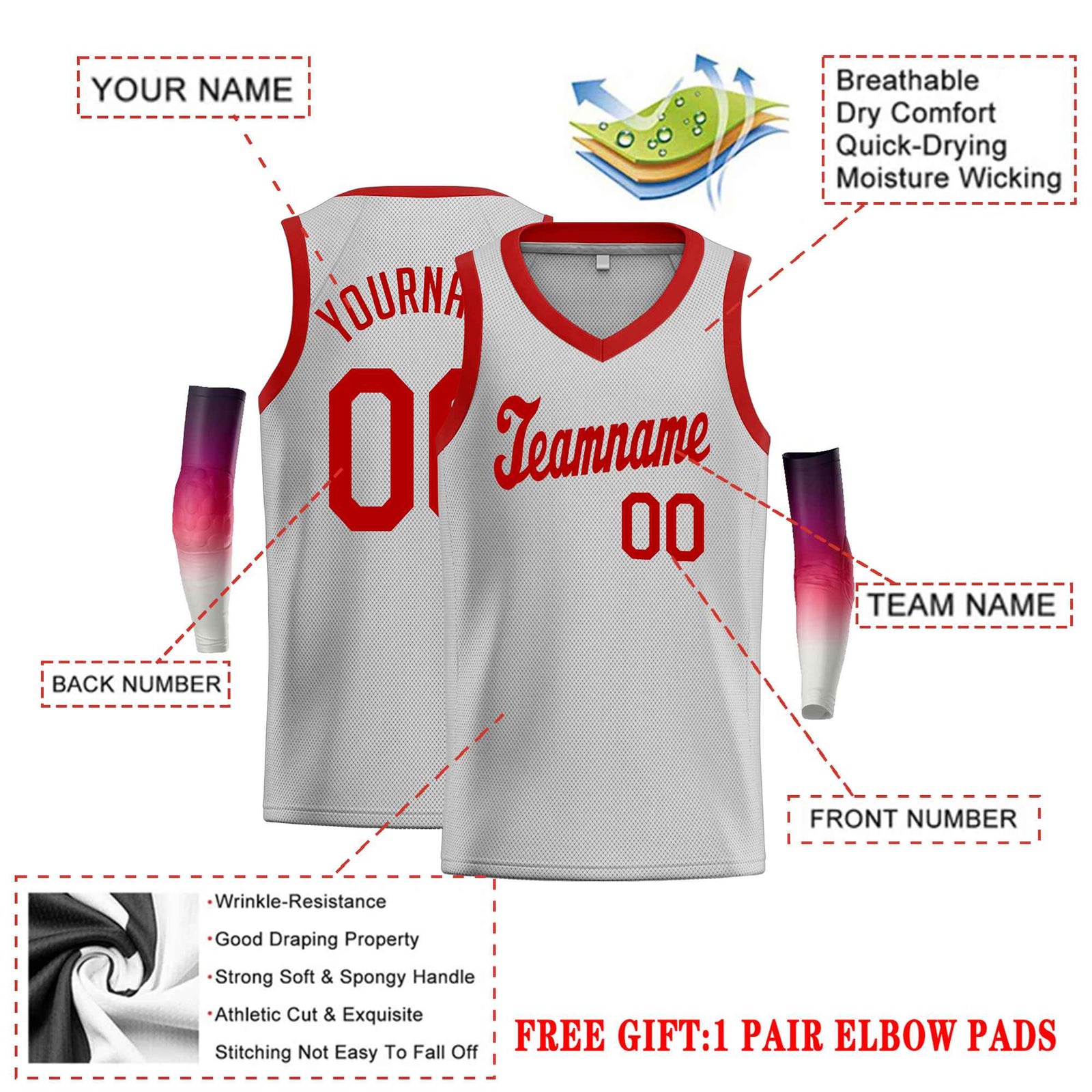 Custom Gray Red Classic Tops Basketball Jersey