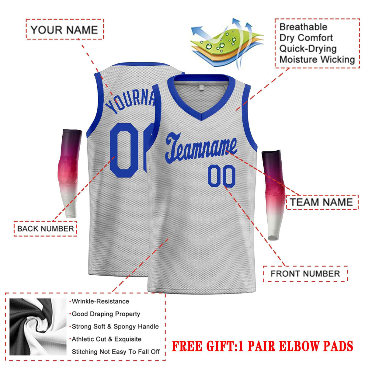 Custom Gray Royal-1 Classic Tops Basketball Jersey