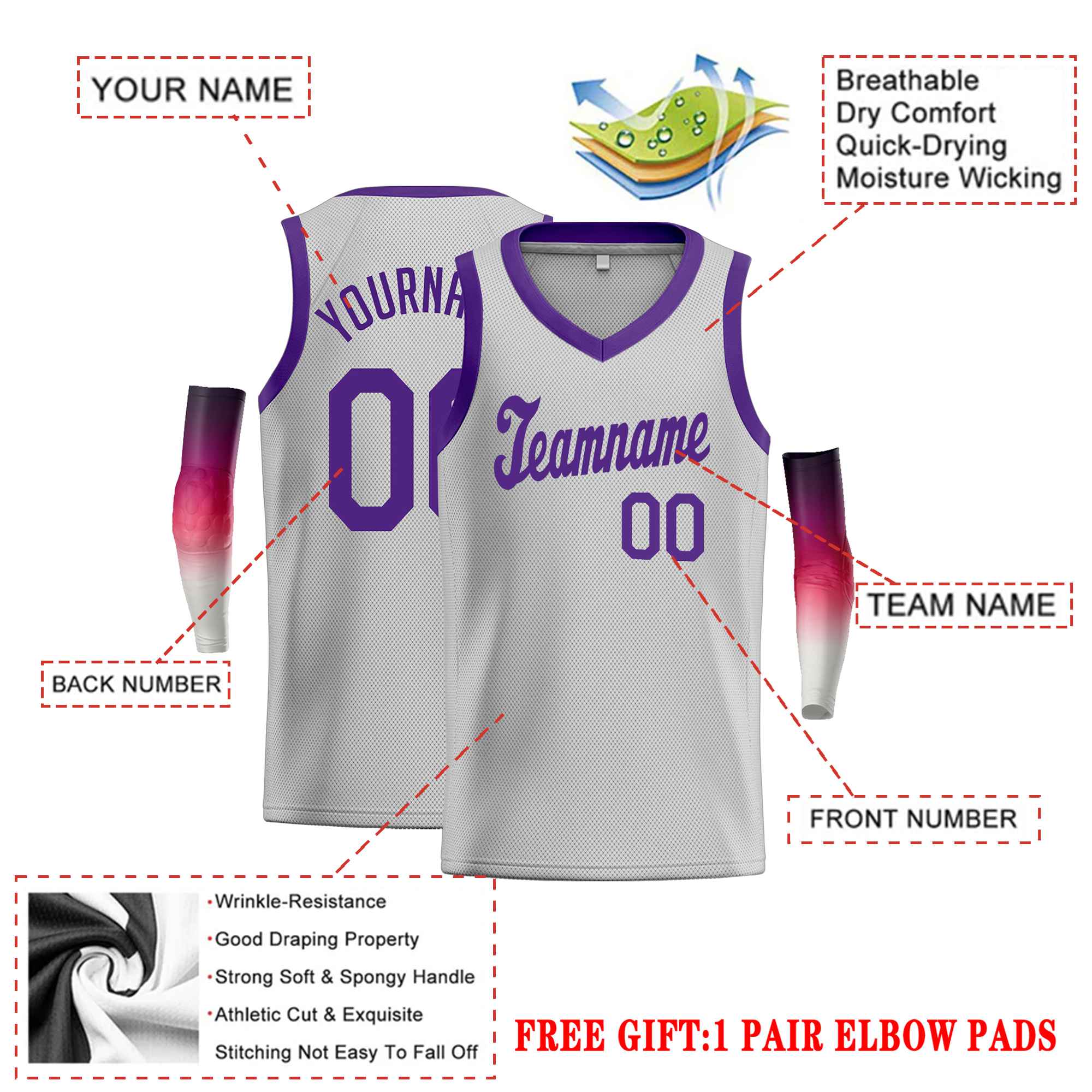 Custom Gray Purple Classic Tops Basketball Jersey