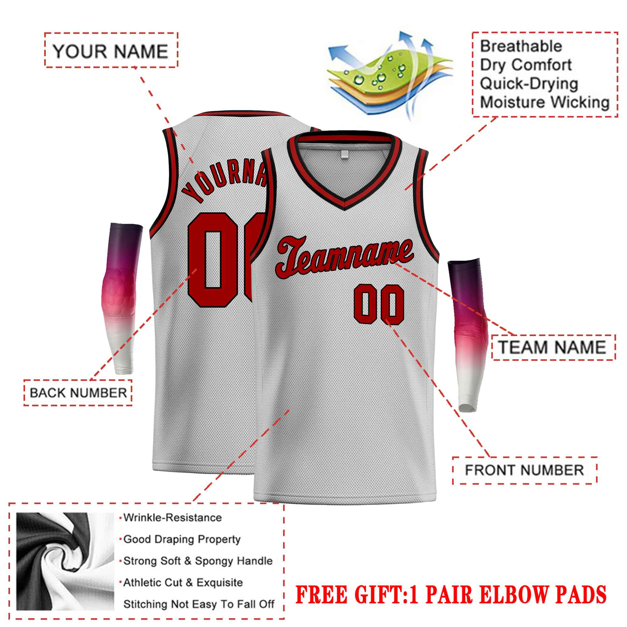 Custom Gray Red-Black Classic Tops Basketball Jersey