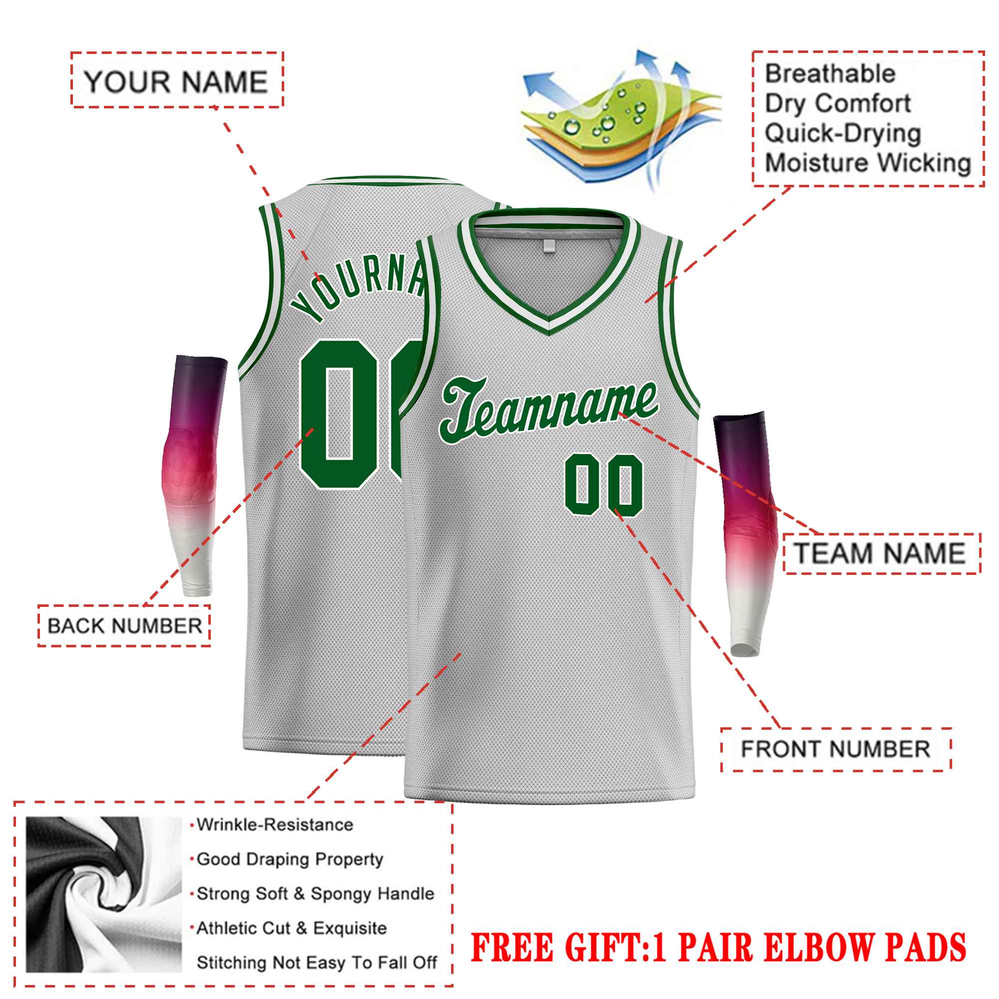 Custom Gray Kelly Green Classic Tops Basketball Jersey