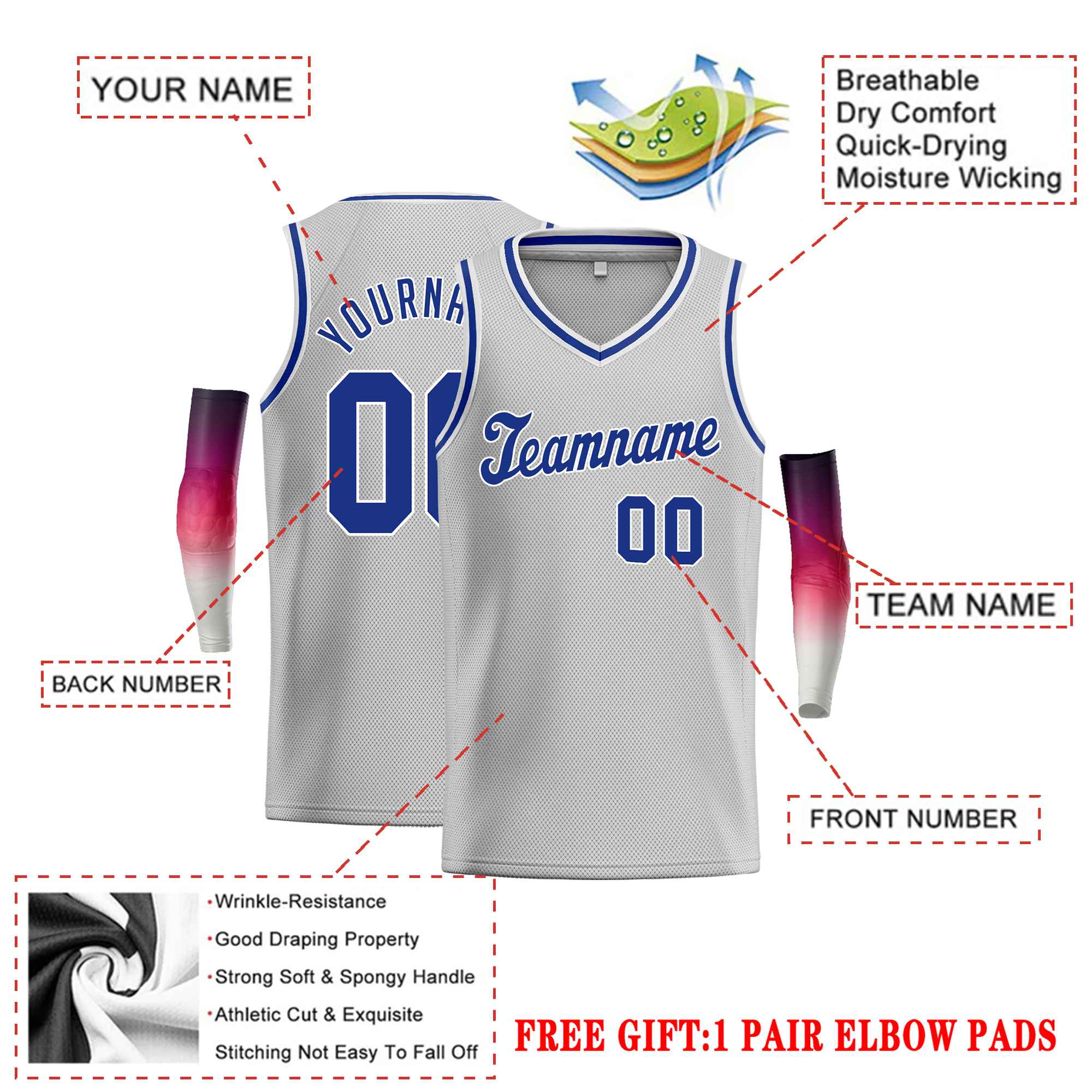 Custom Gray Royal-1 White Classic Tops Basketball Jersey