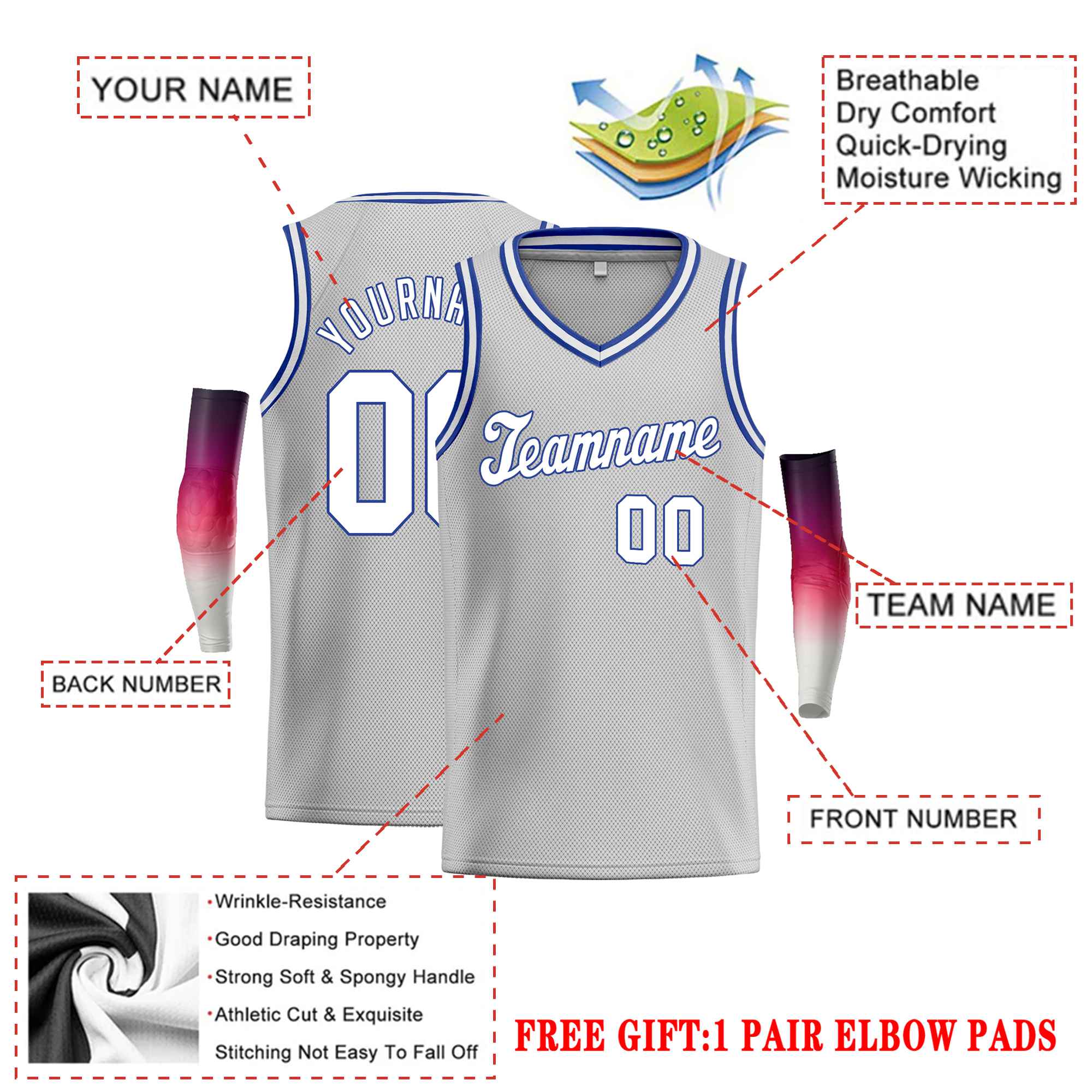 Custom Gray White-Blue Classic Tops Basketball Jersey