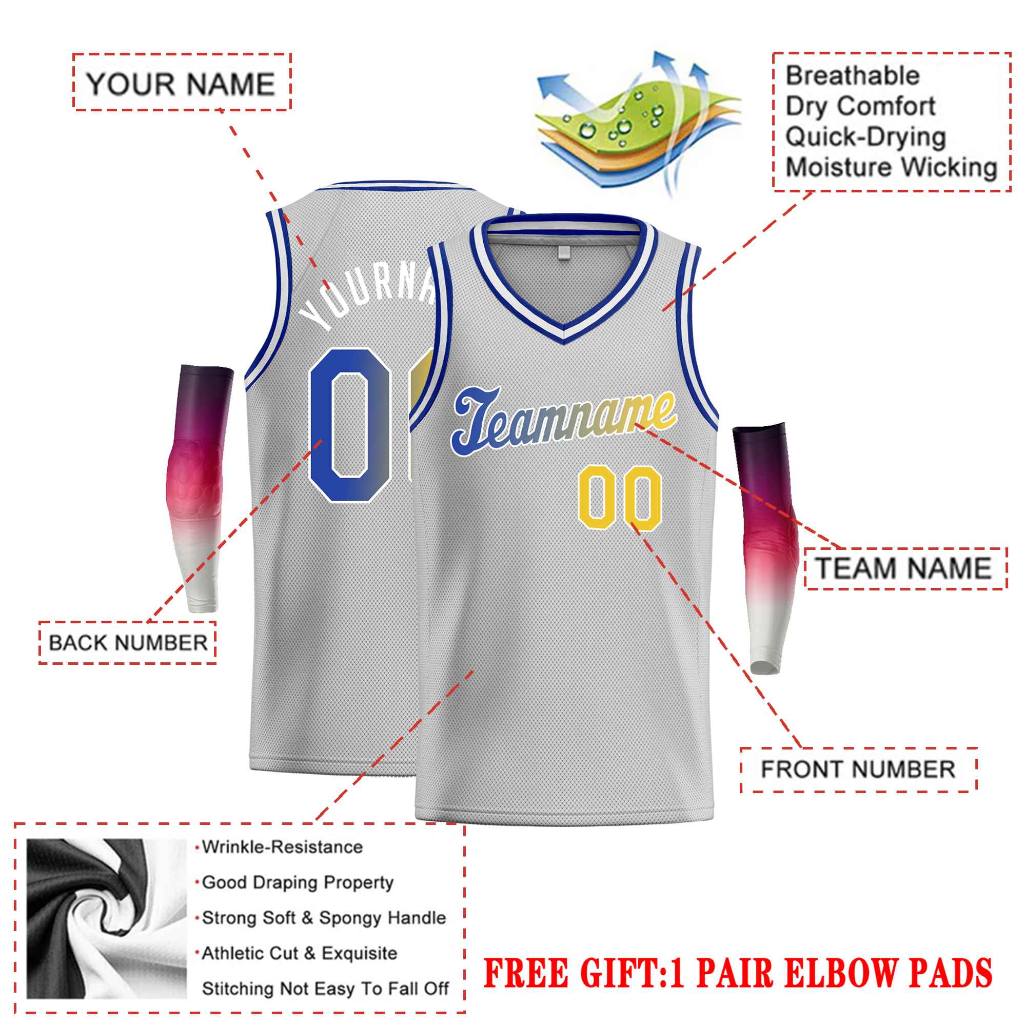 Custom Gray Royal-1 Gold Classic Tops Basketball Jersey