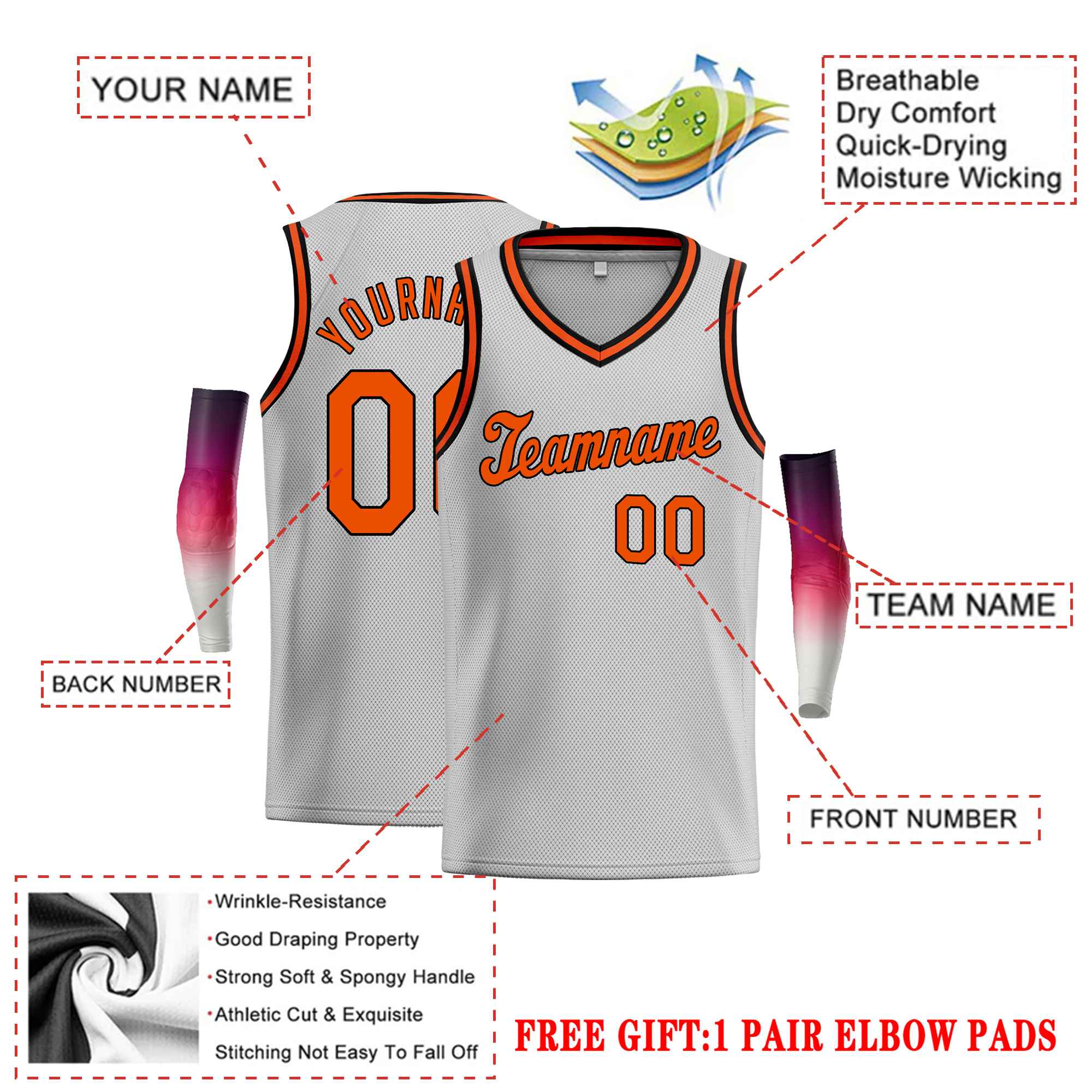 Custom Gray Orange-Black Classic Tops Basketball Jersey