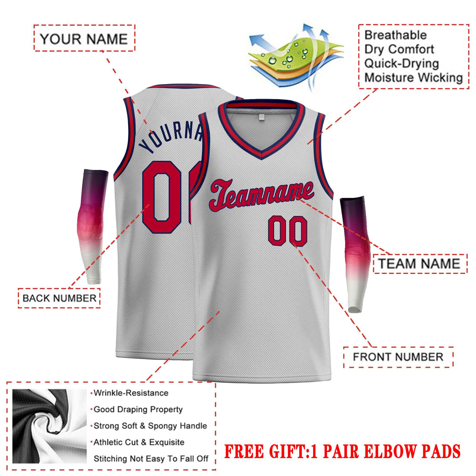 Custom Gray Red-Navy Classic Tops Basketball Jersey