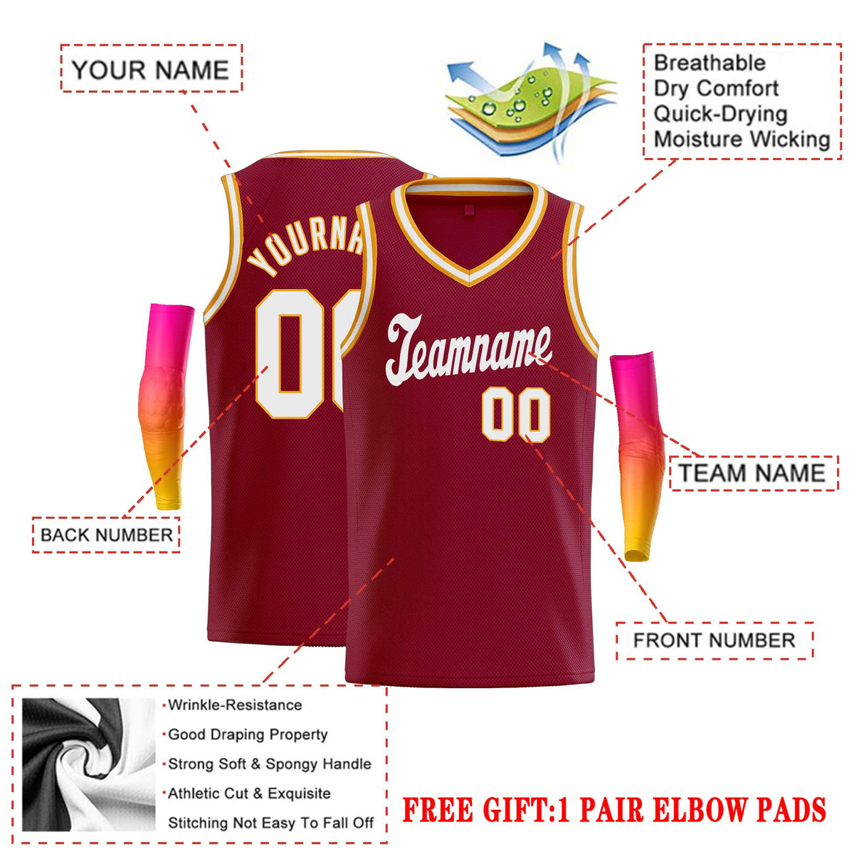Custom Maroon White-Yellow Classic Tops Basketball Jersey