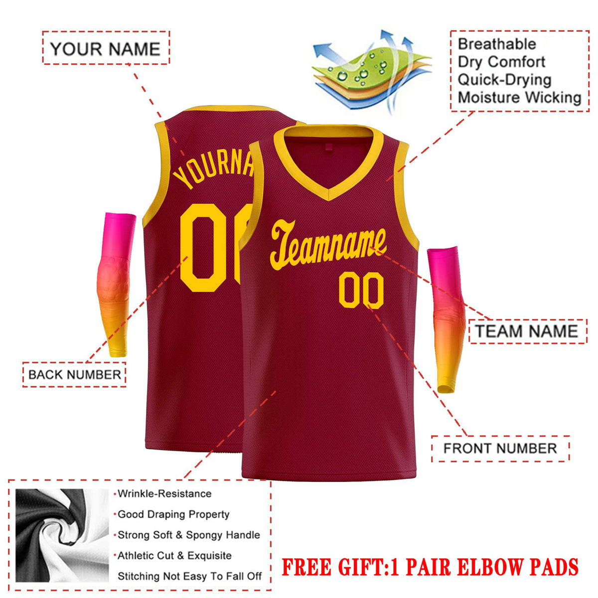 Custom Maroon Yellow Classic Tops Basketball Jersey