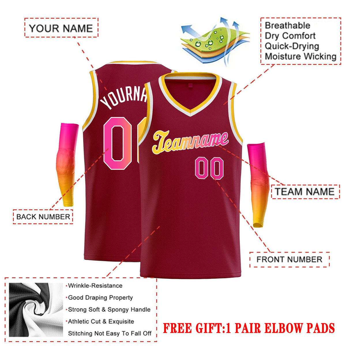 Custom Maroon Pink-White Classic Tops Basketball Jersey