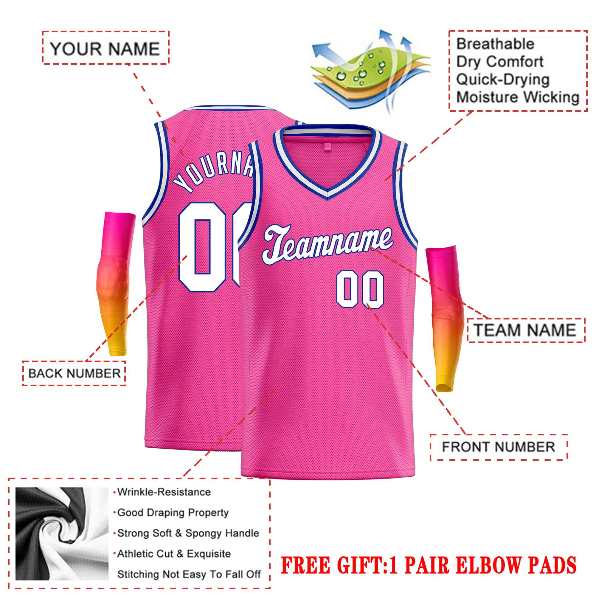 Custom Pink White-Blue Classic Tops Basketball Jersey