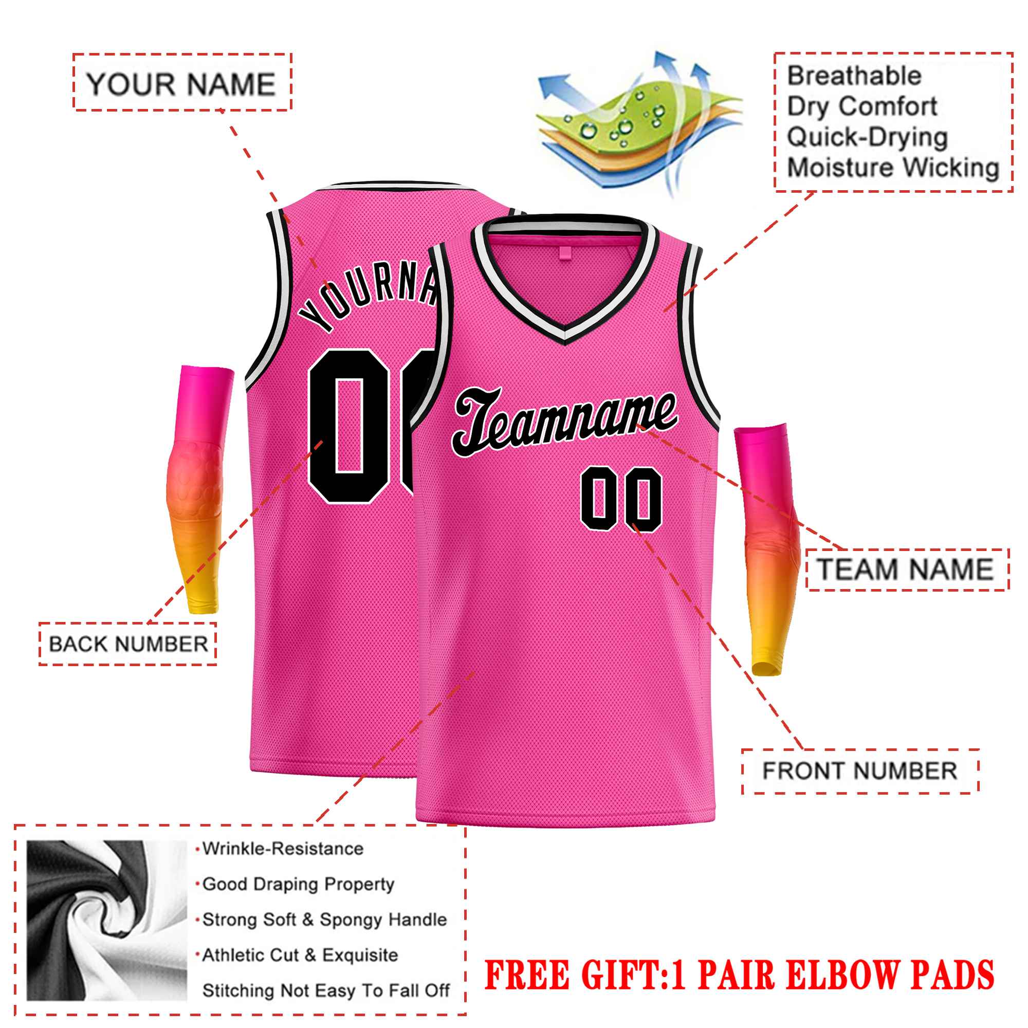 Custom Pink Black-White Classic Tops Basketball Jersey