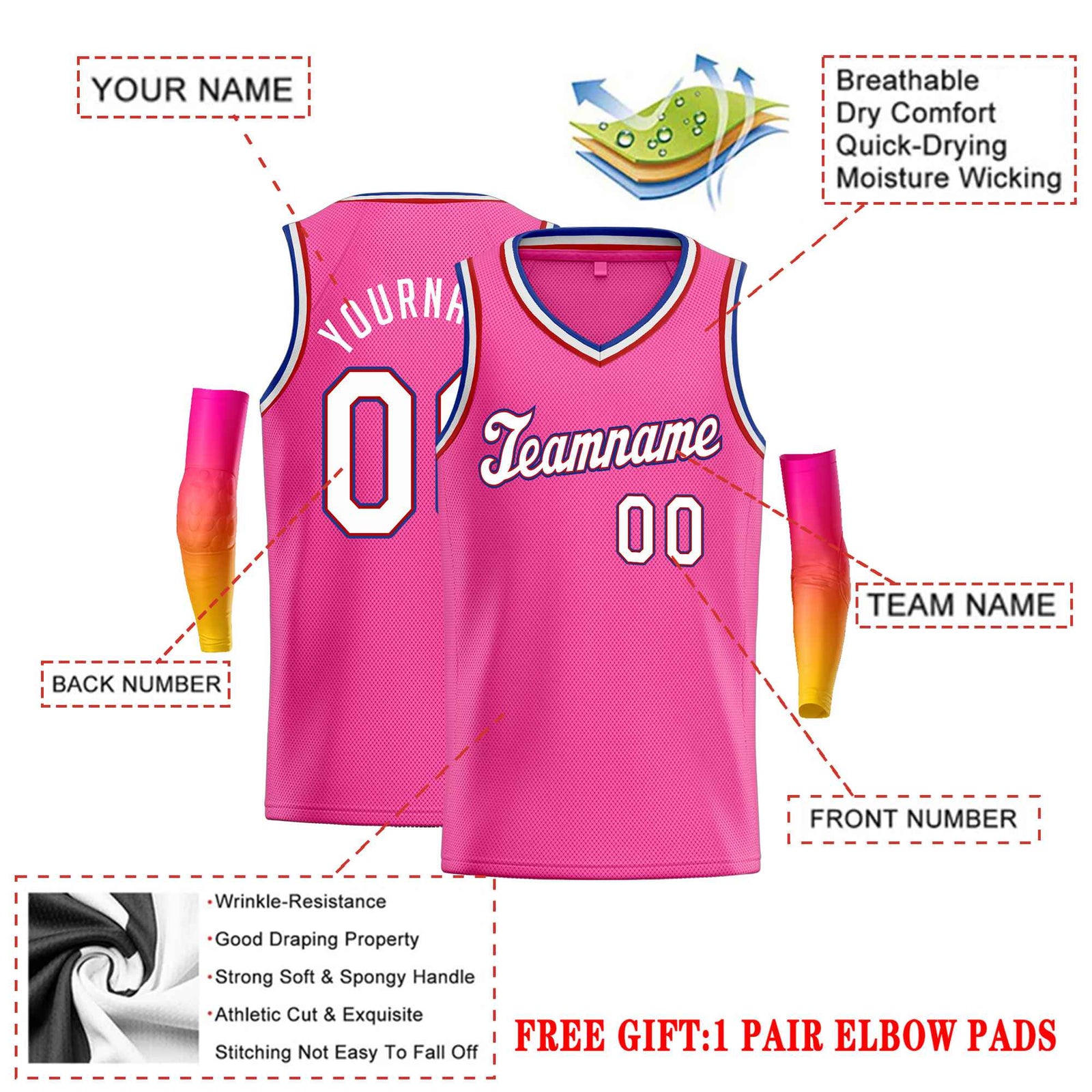 Custom Pink White-Blue Classic Tops Basketball Jersey