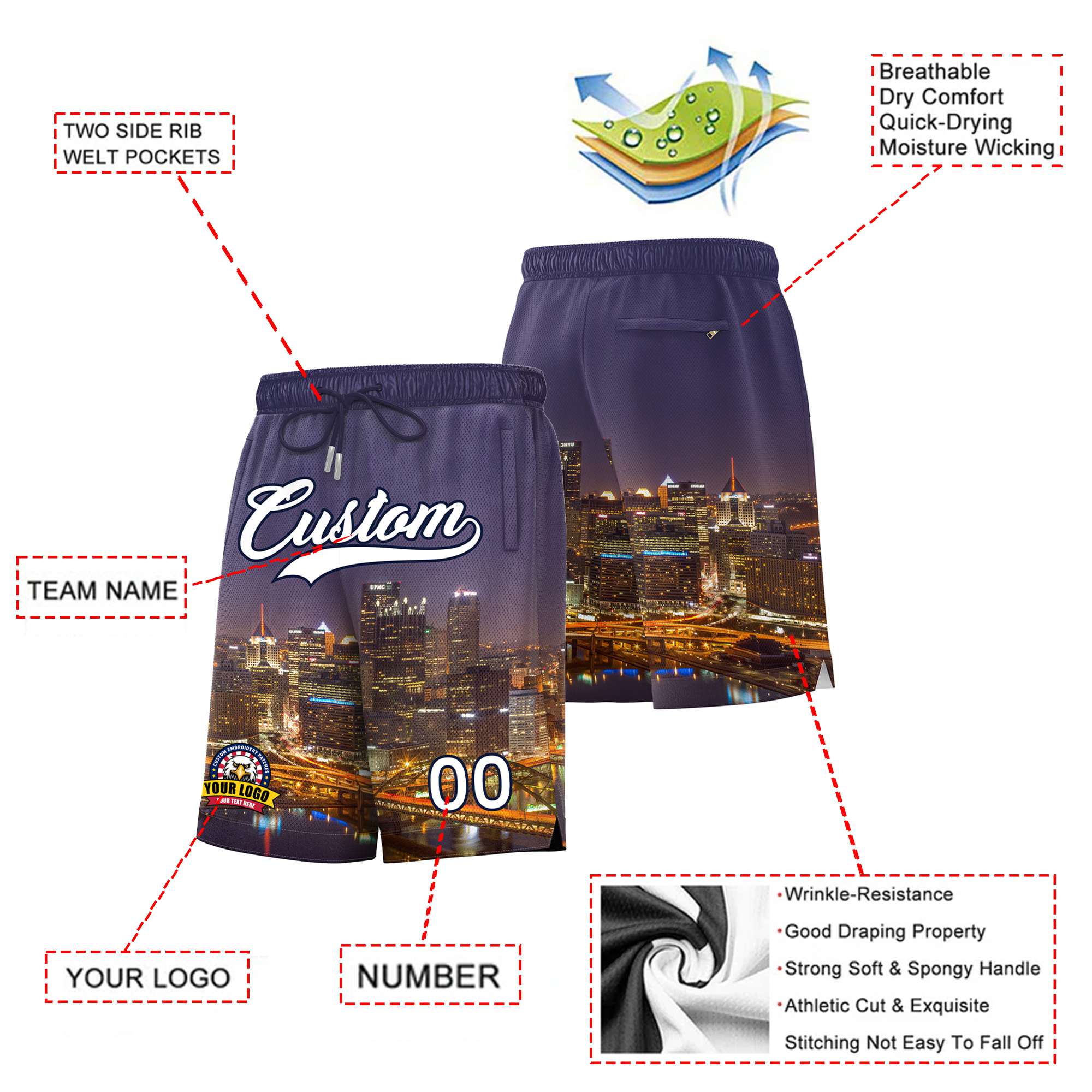 Custom Personalized Pittsburgh City Landscape Basketball Shorts