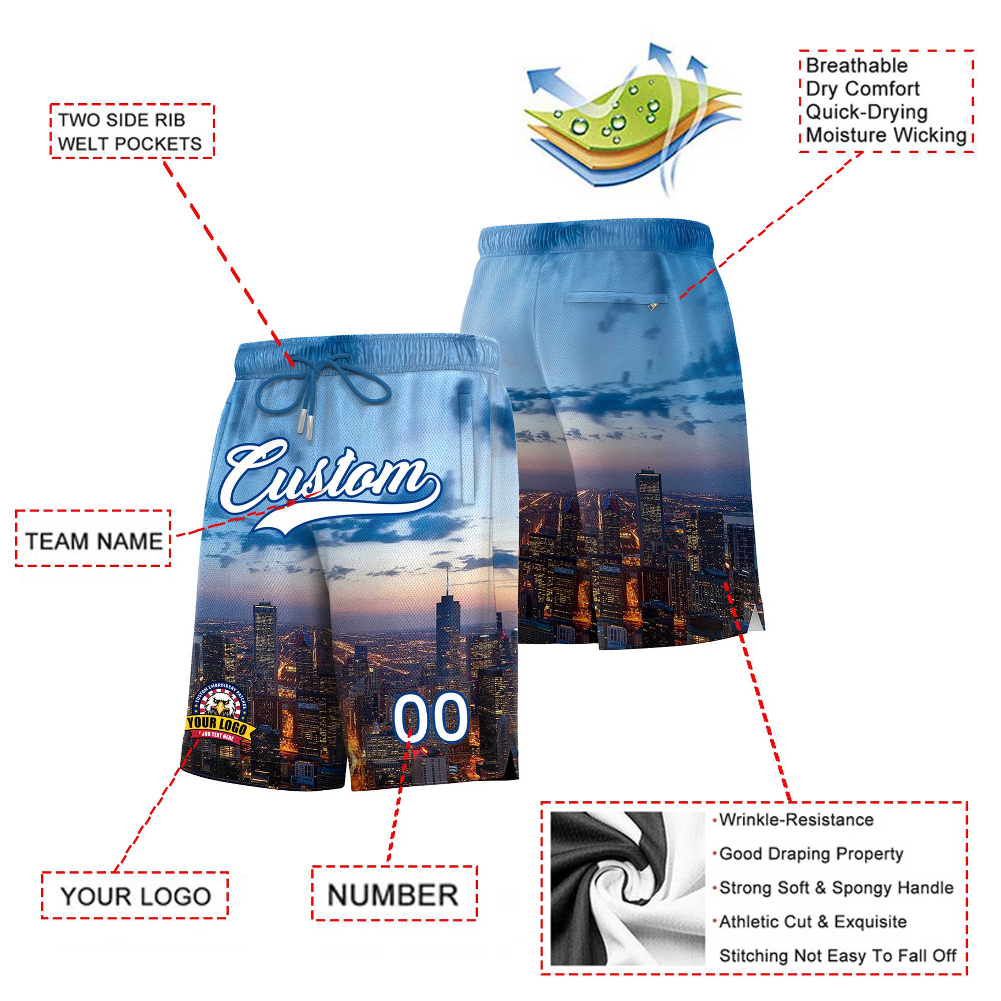 Custom Personalized Chicago City Landscape Basketball Shorts