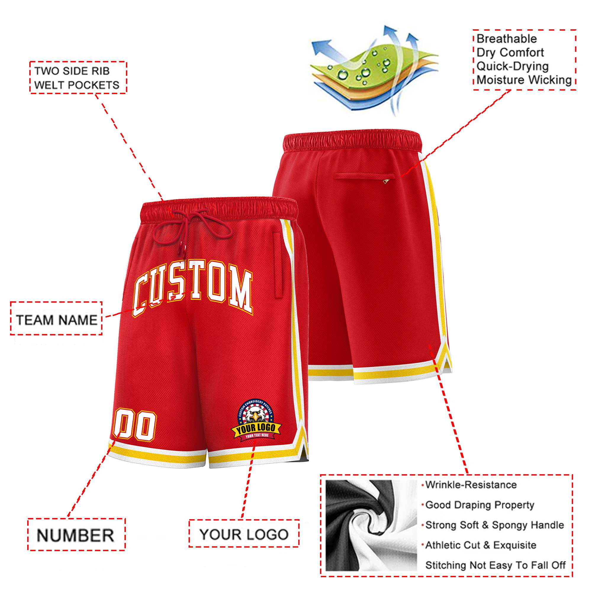 Custom Red Gold2-White Sport Basketball Shorts