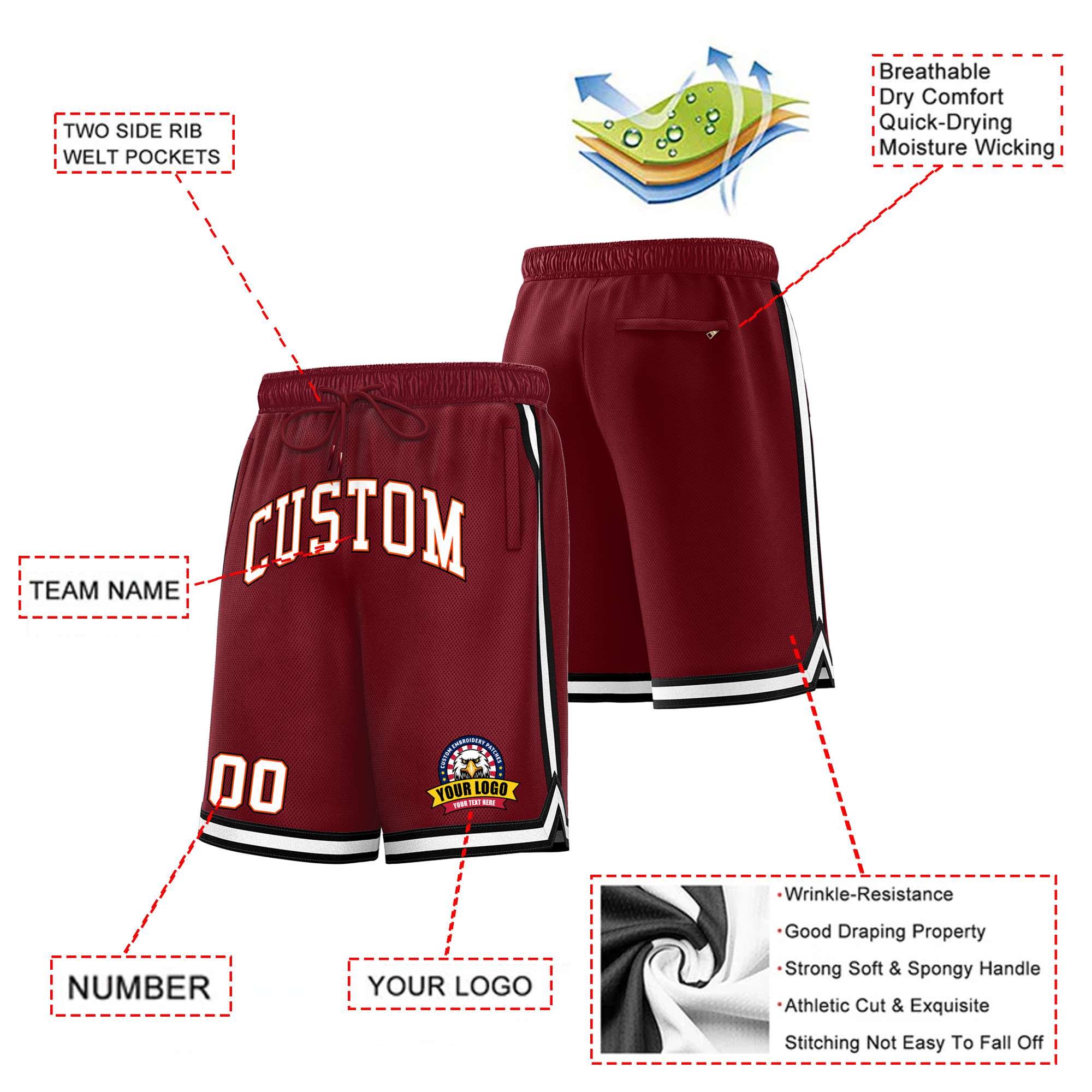 Custom Maroon Black-White Sport Basketball Shorts