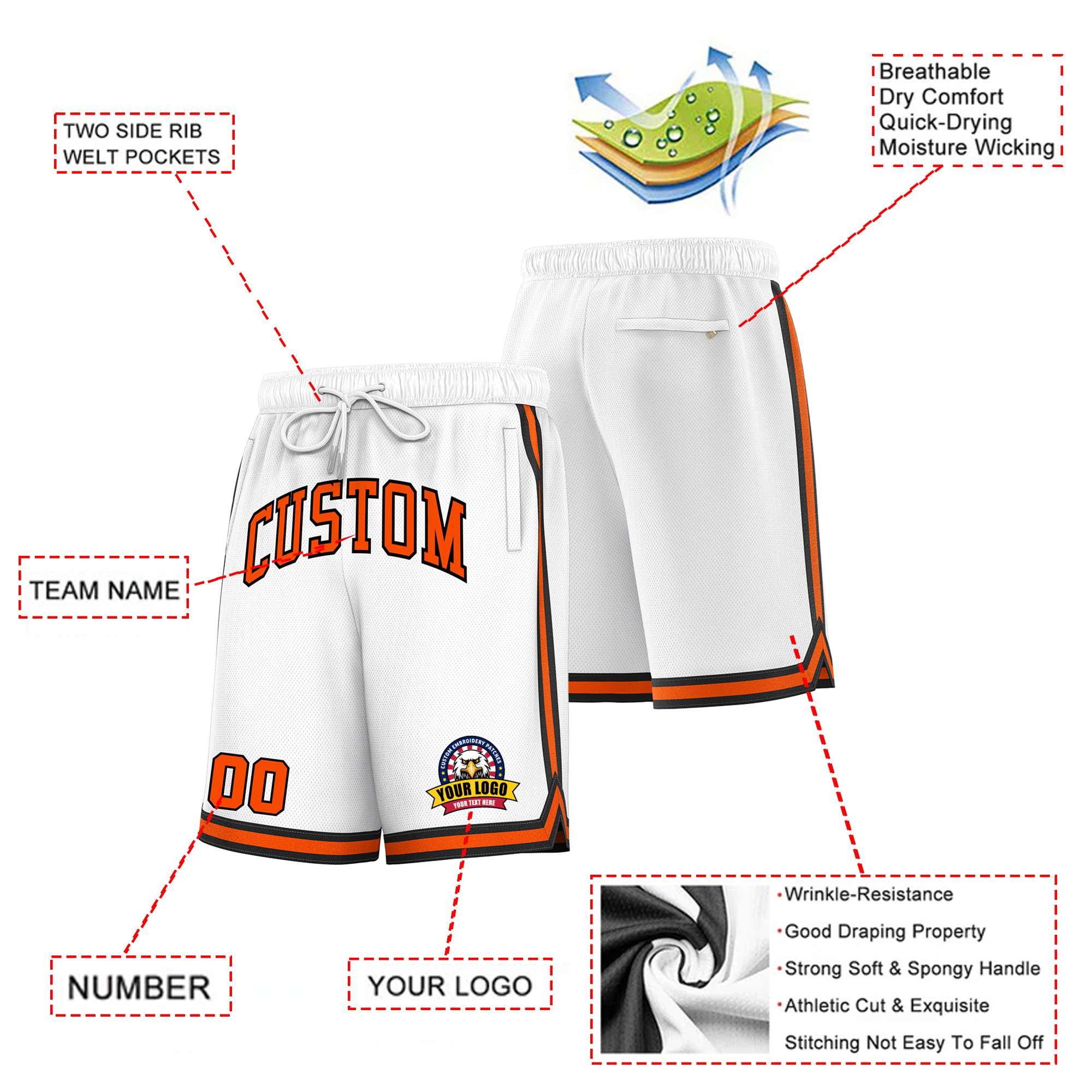 Custom White Orange-Black Sport Basketball Shorts