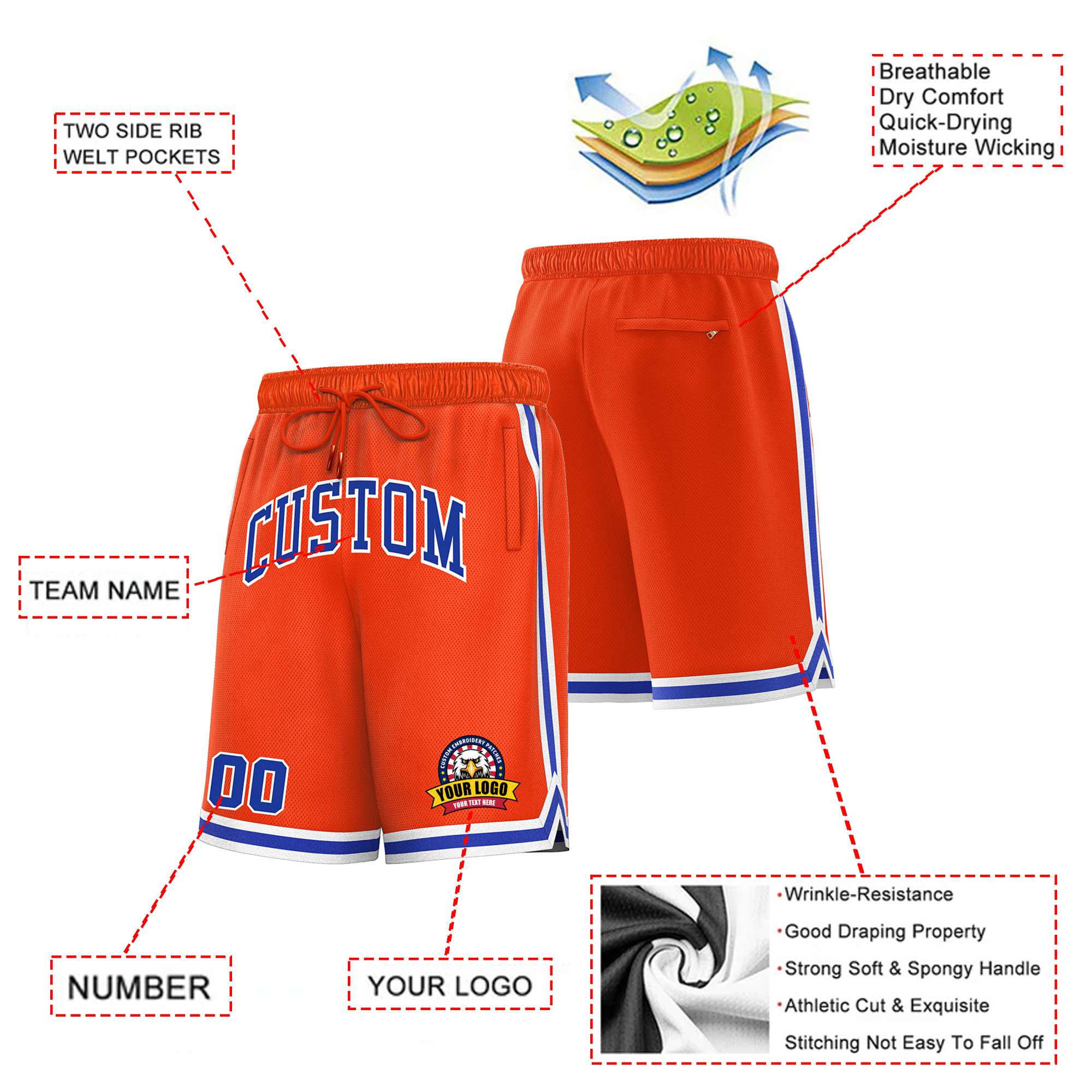 Custom Orange Blue-White Sport Basketball Shorts