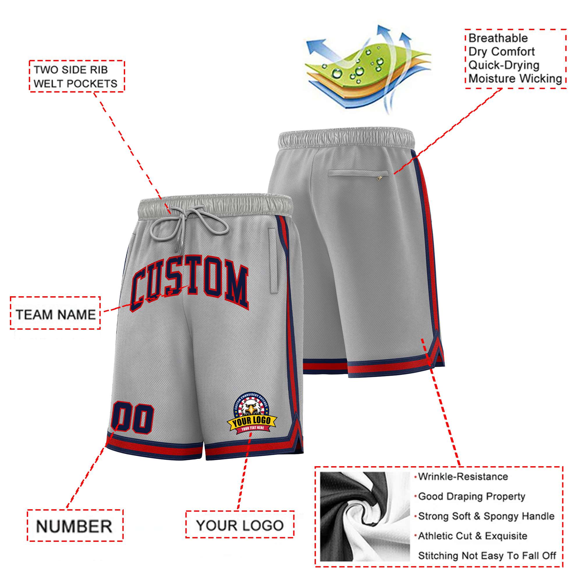 Custom Gray Navy-Red Sport Basketball Shorts