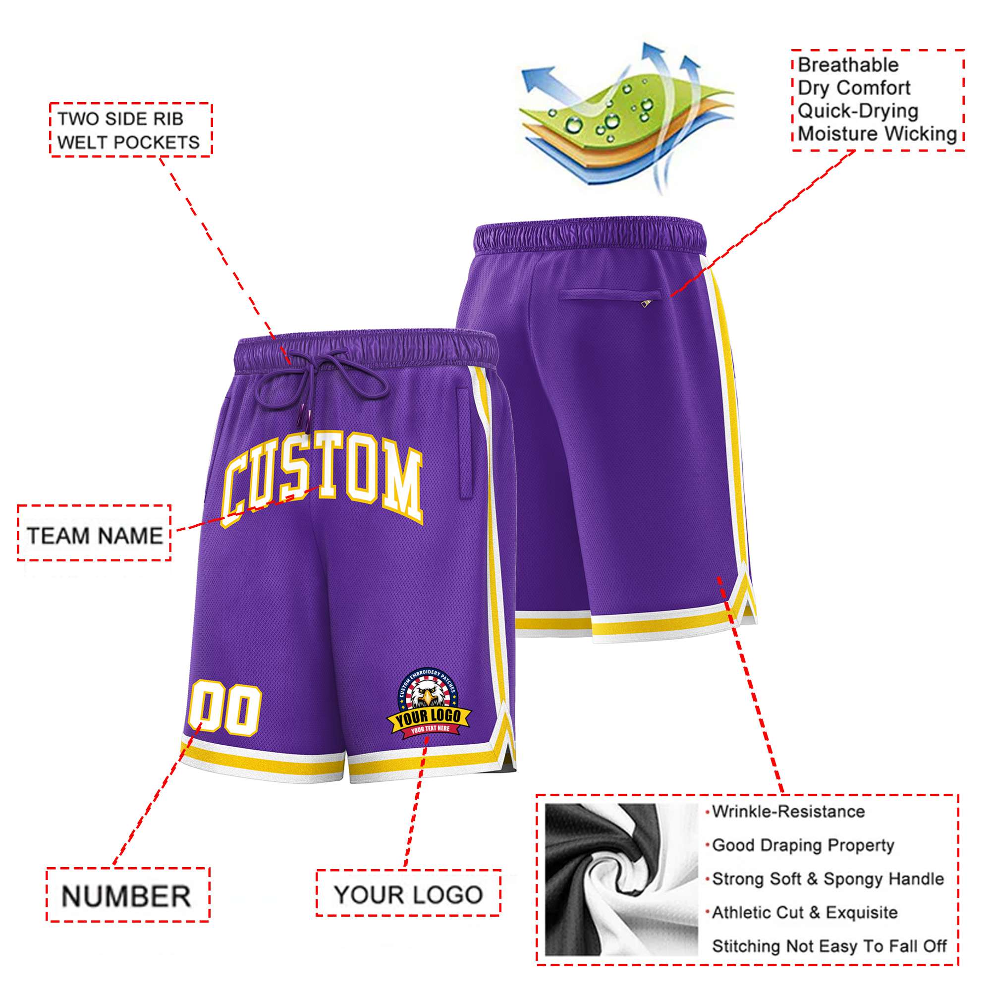 Custom Purple Gold02-White Sport Basketball Shorts