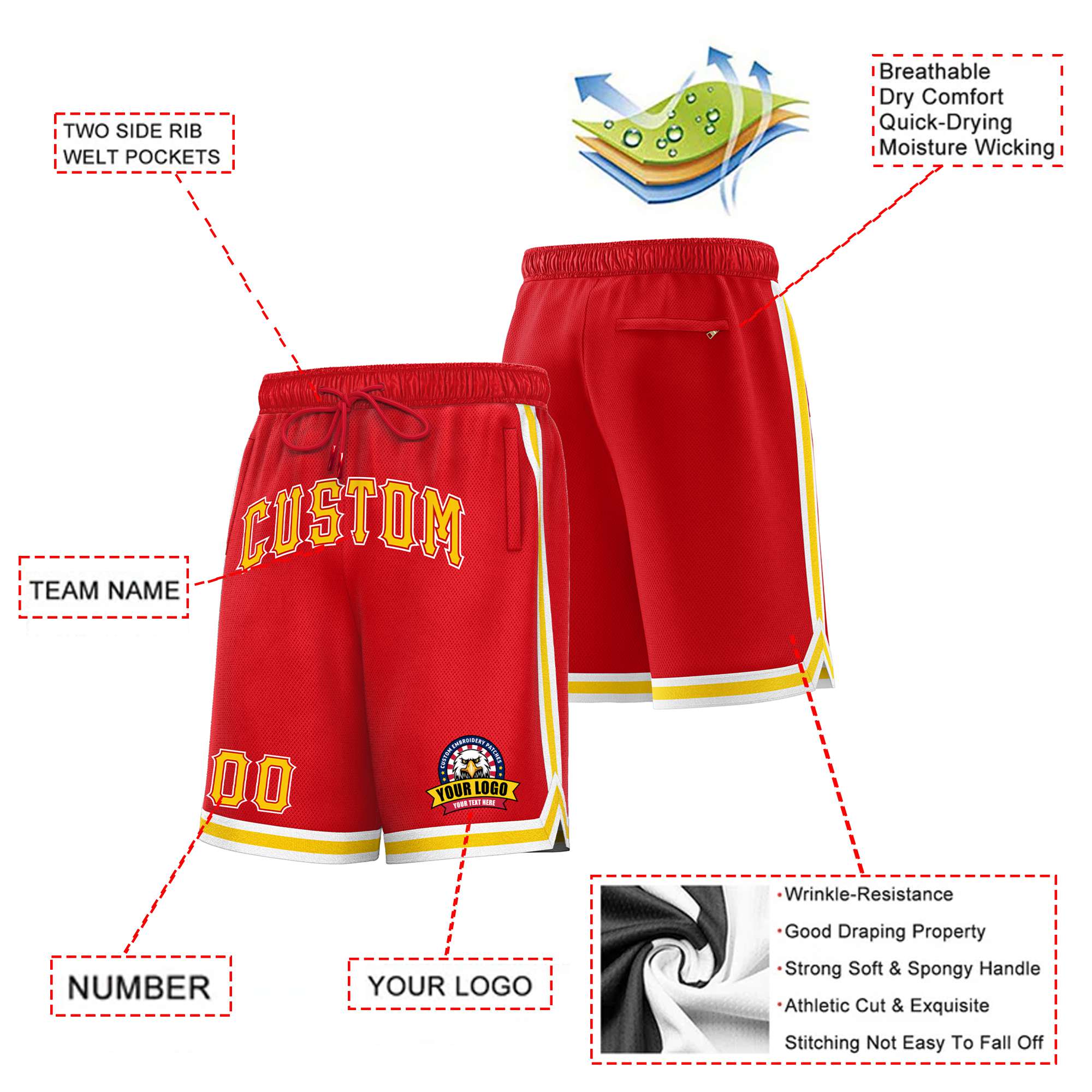 Custom Red Gold2-White Sport Basketball Shorts