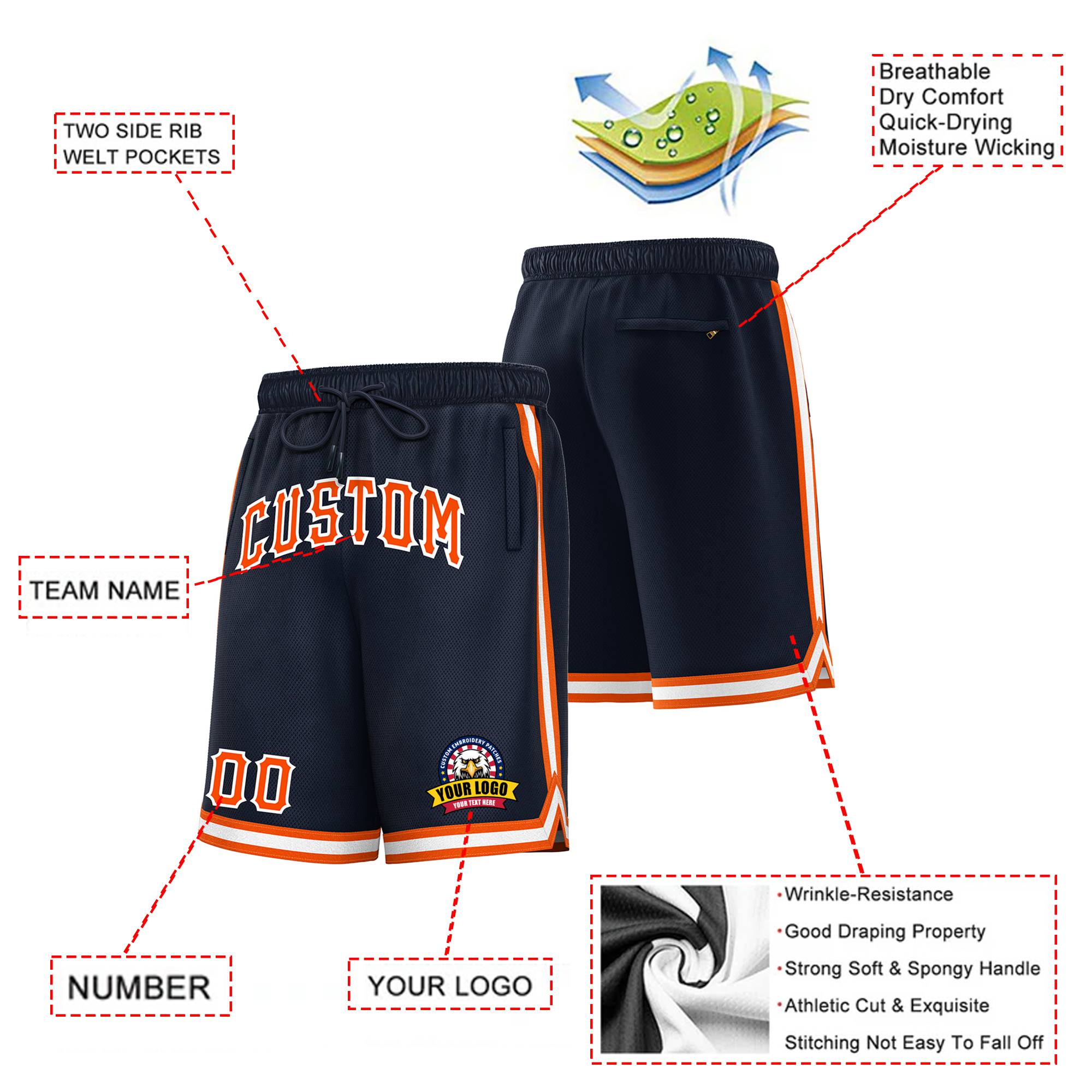 Custom Navy Orange-White Sport Basketball Shorts