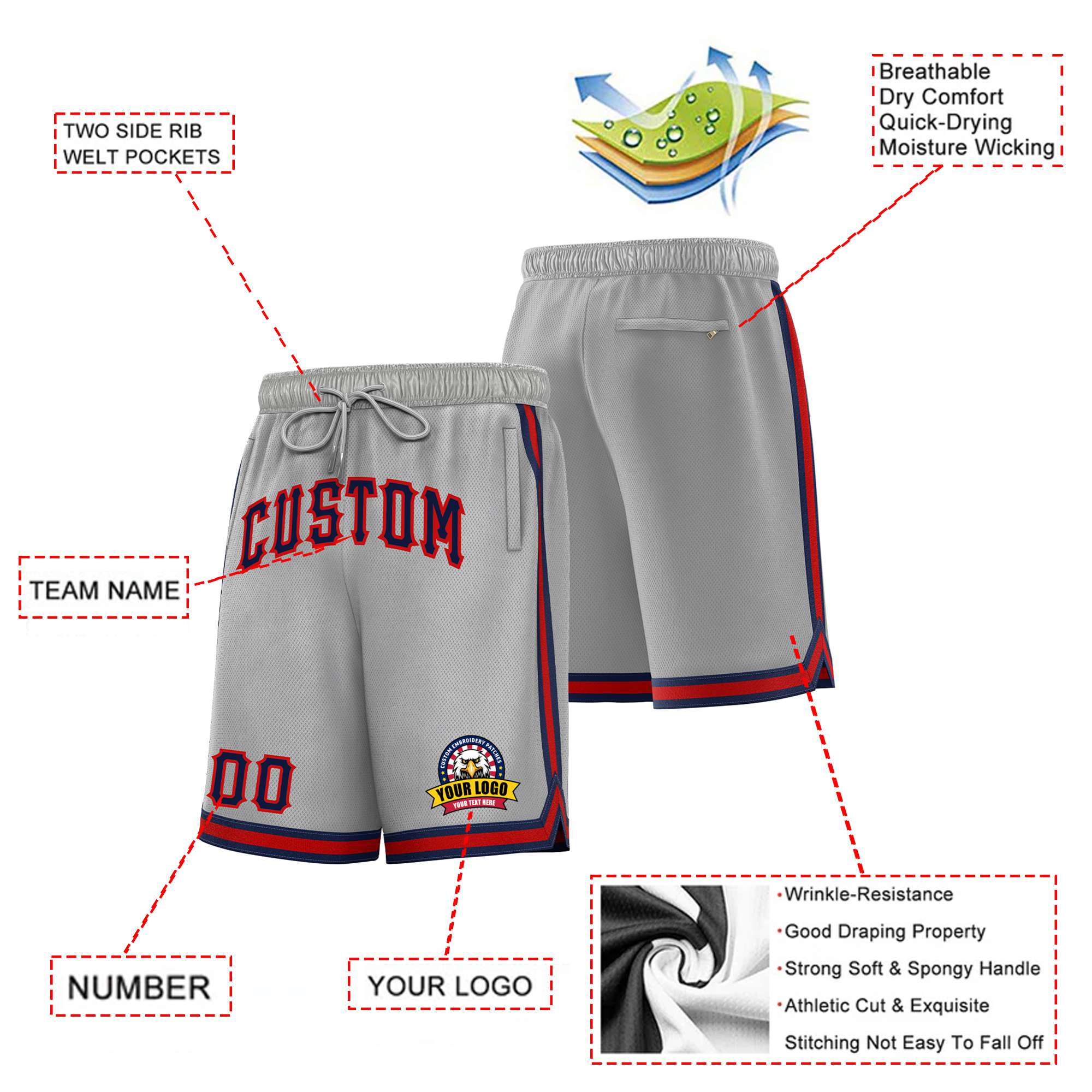 Custom Gray Navy-Red Sport Basketball Shorts