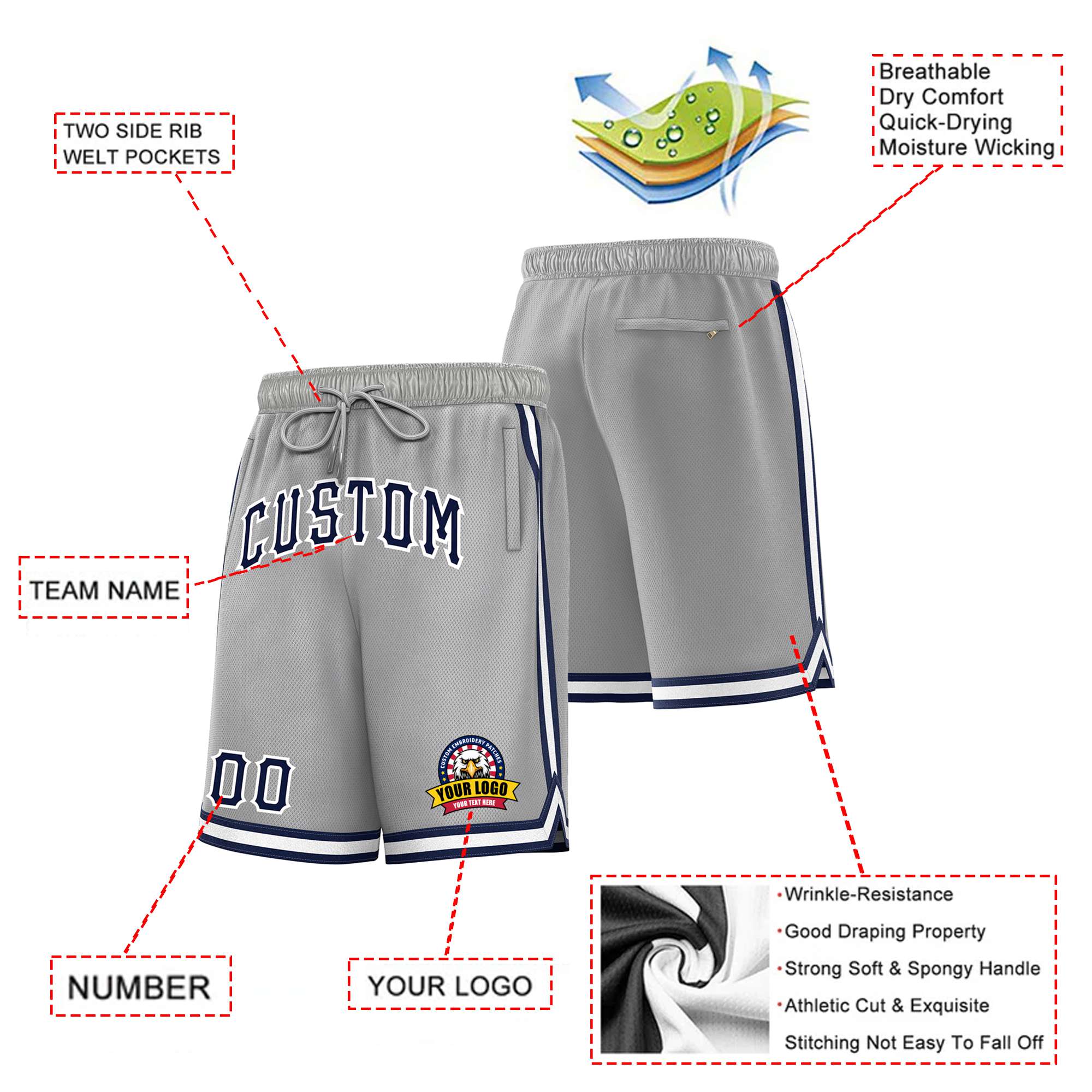 Custom Gray Navy-White Sport Basketball Shorts