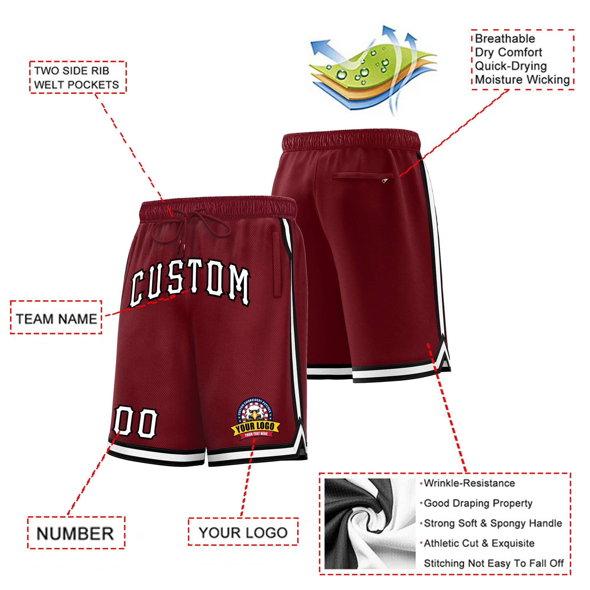 Custom Maroon Black-White Sport Basketball Shorts