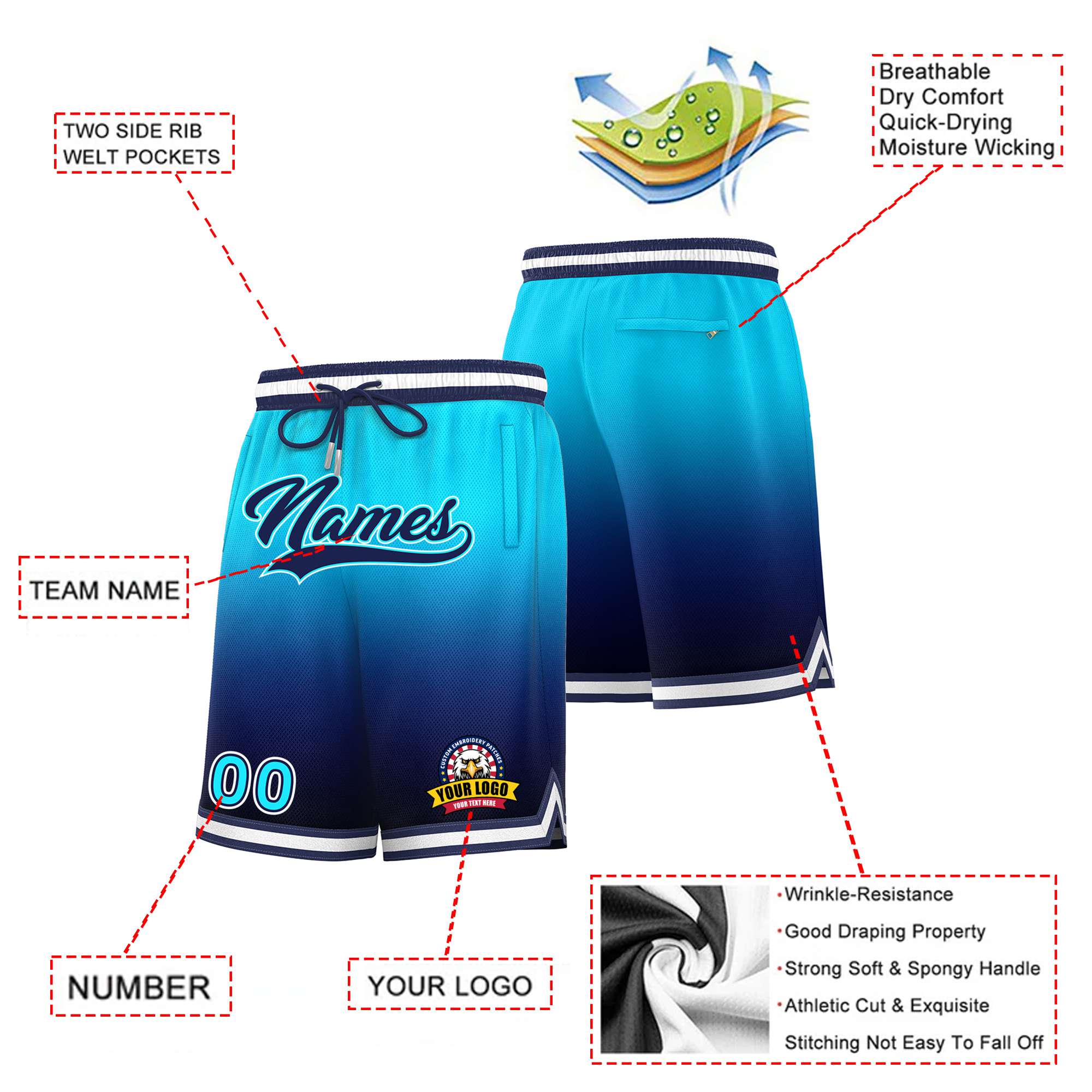 Custom Sky Blue Navy Gradient Fashion Authentic Basketball Shorts