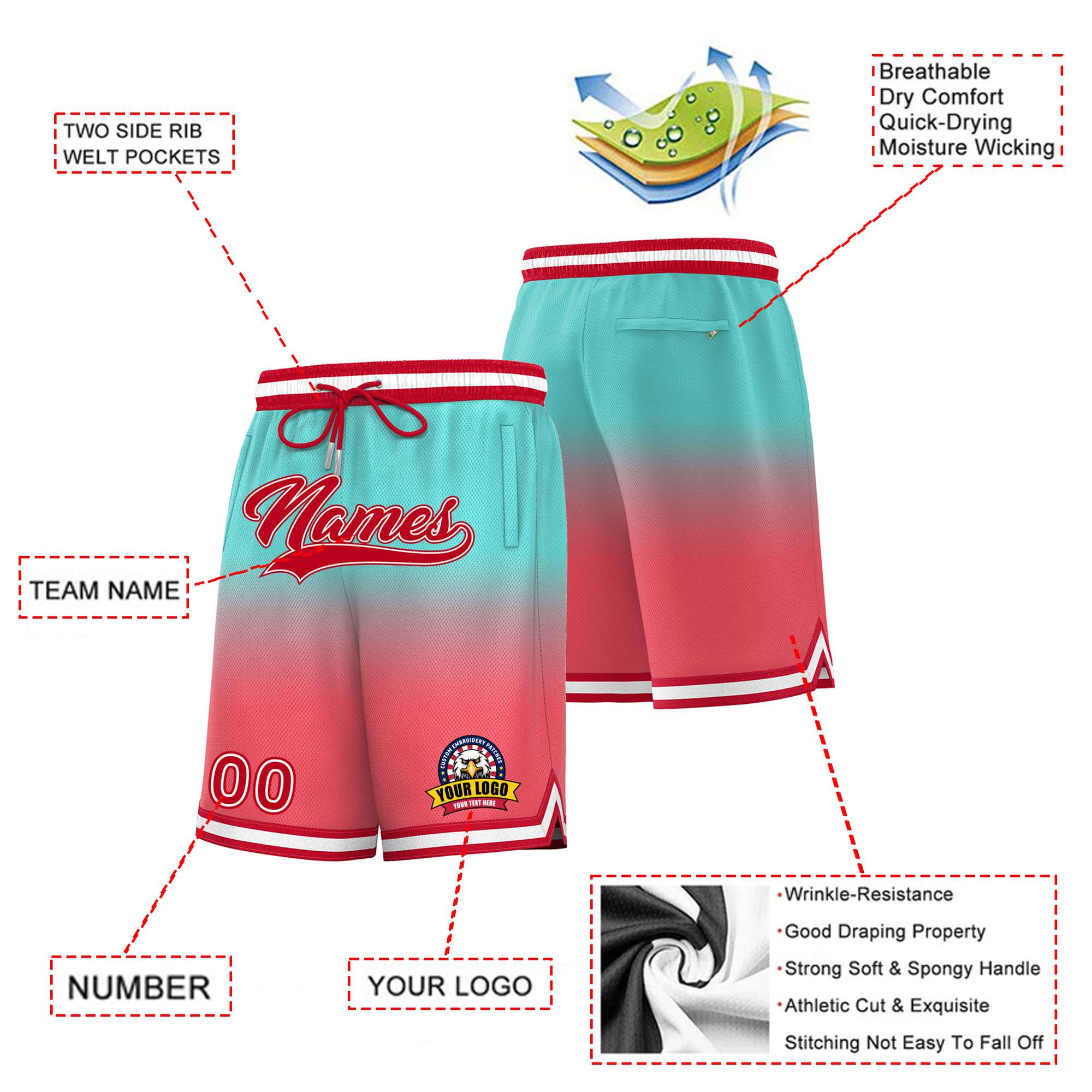 Custom Bright Green Light Red Gradient Fashion Authentic Basketball Shorts