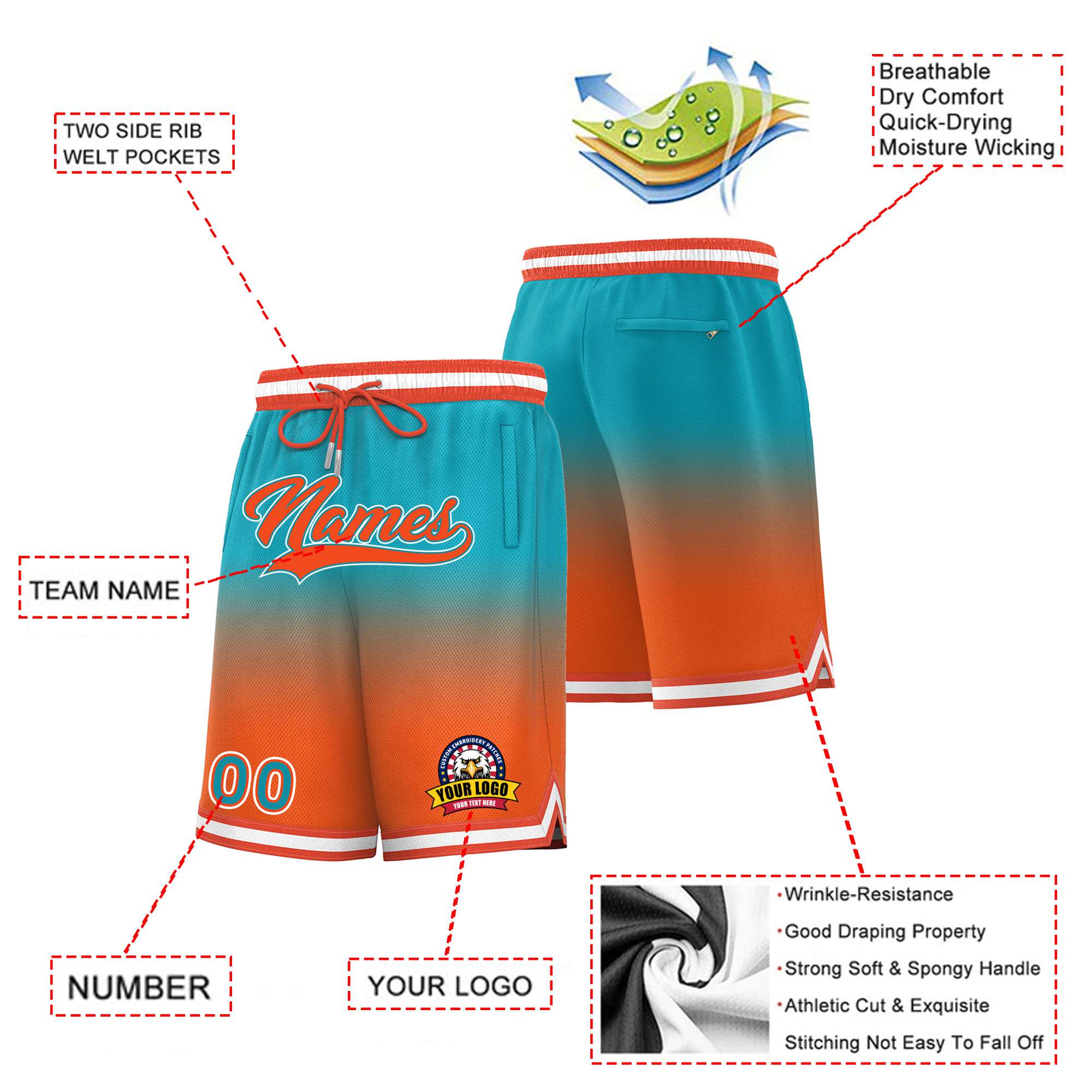 Custom Aqua Orange Gradient Fashion Authentic Basketball Shorts