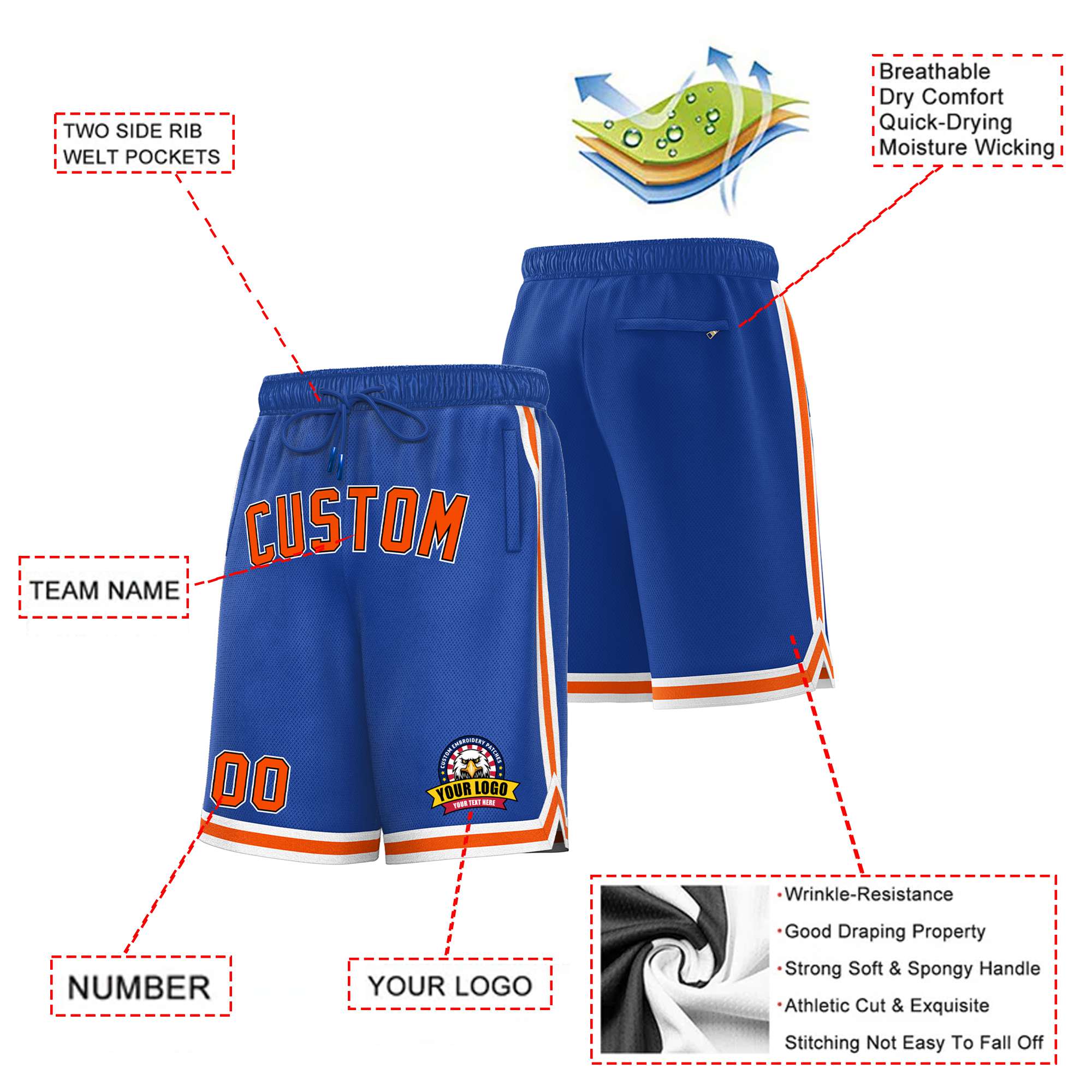 Custom Royal Blue Orange-White Sport Basketball Shorts