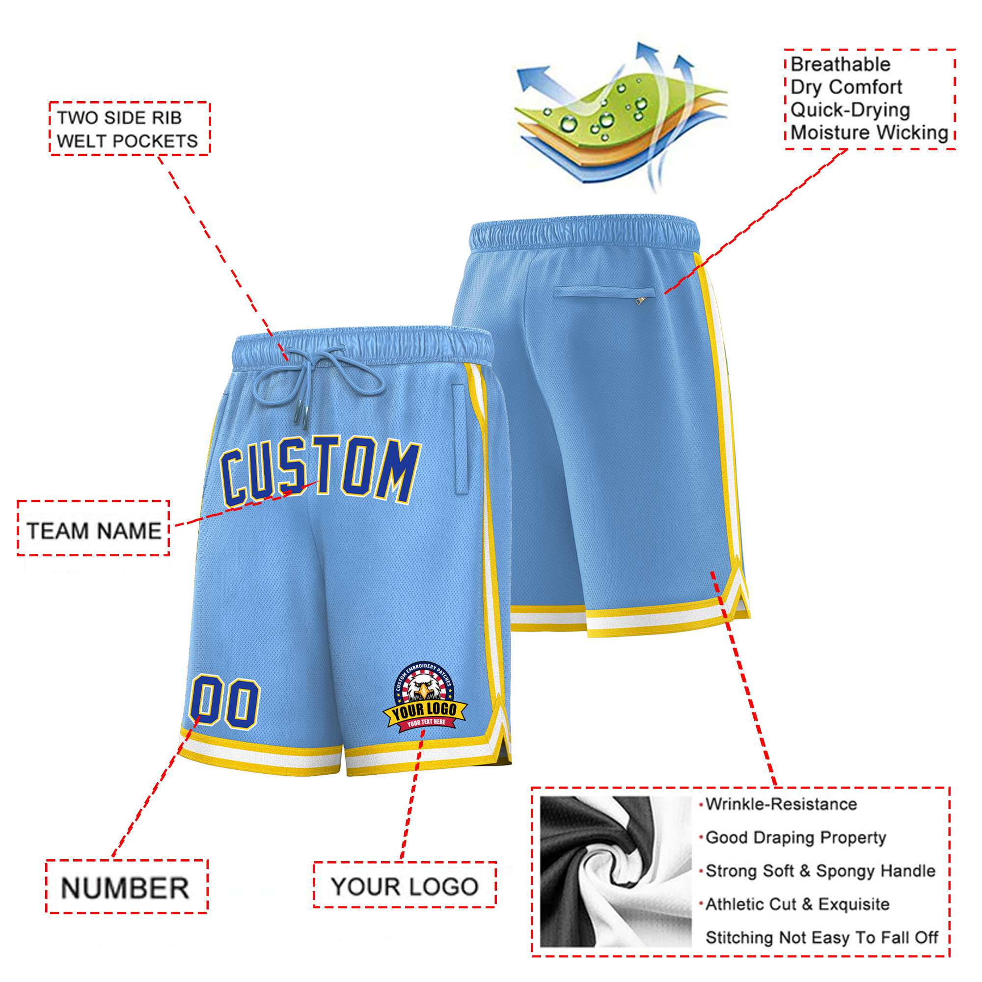 Custom Royal Gold-2 White Sport Basketball Shorts