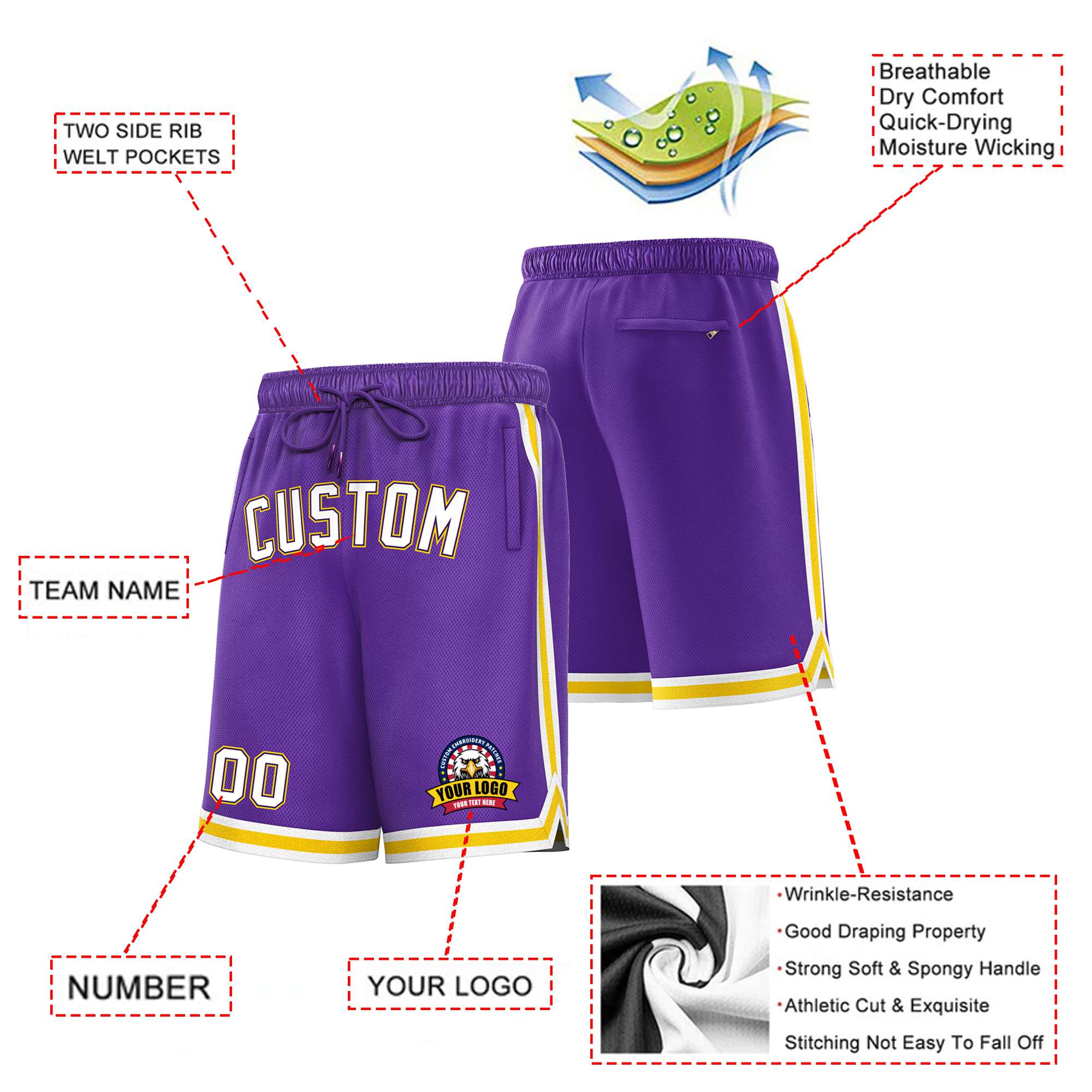 Custom Purple Gold-2 White Sport Basketball Shorts