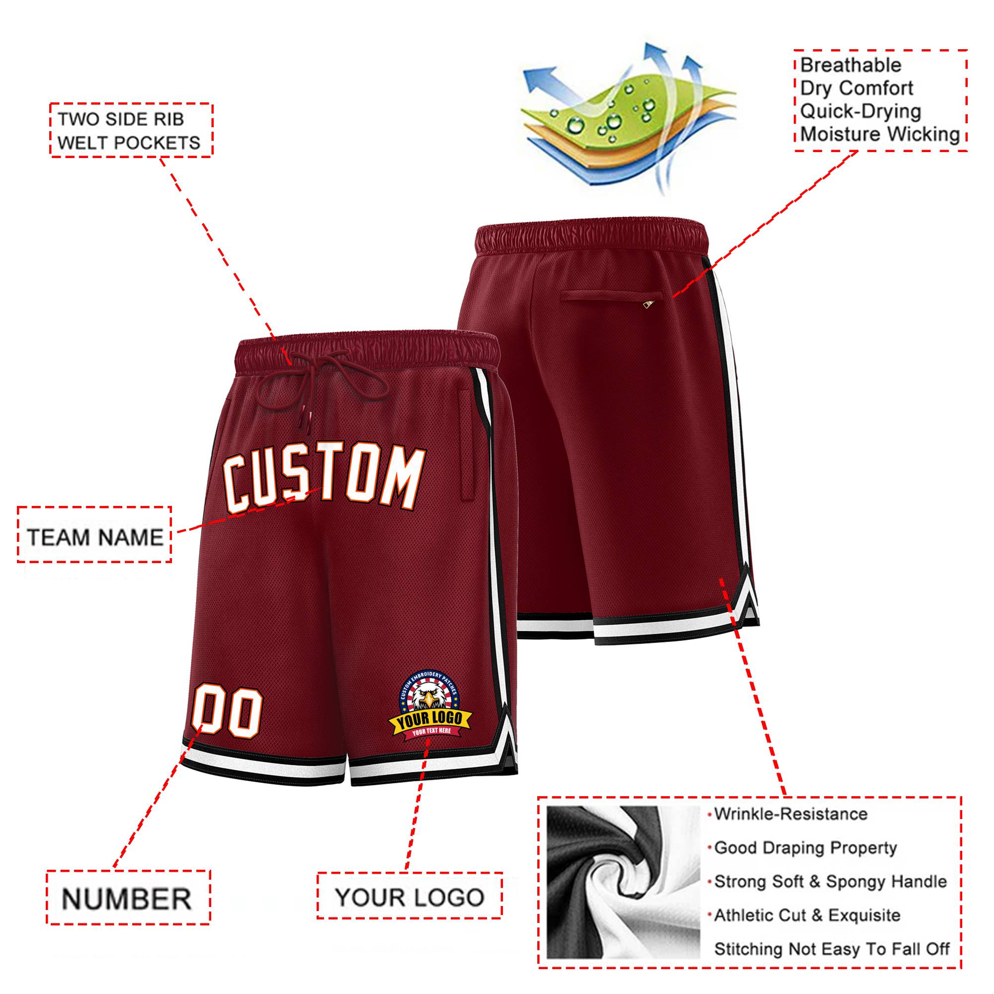 Custom Maroon Black-White Sport Basketball Shorts