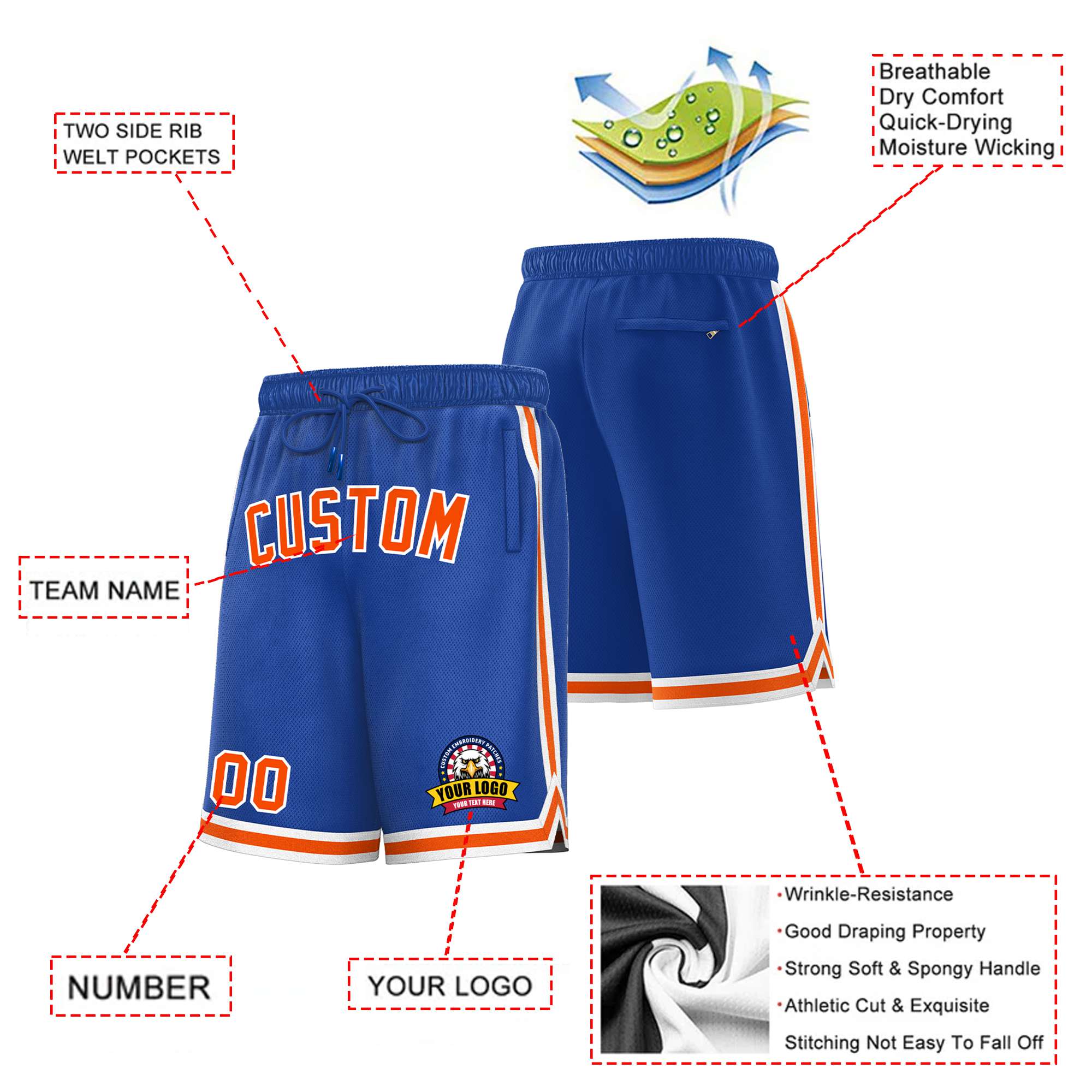 Custom Blue Orange-White Sport Basketball Shorts