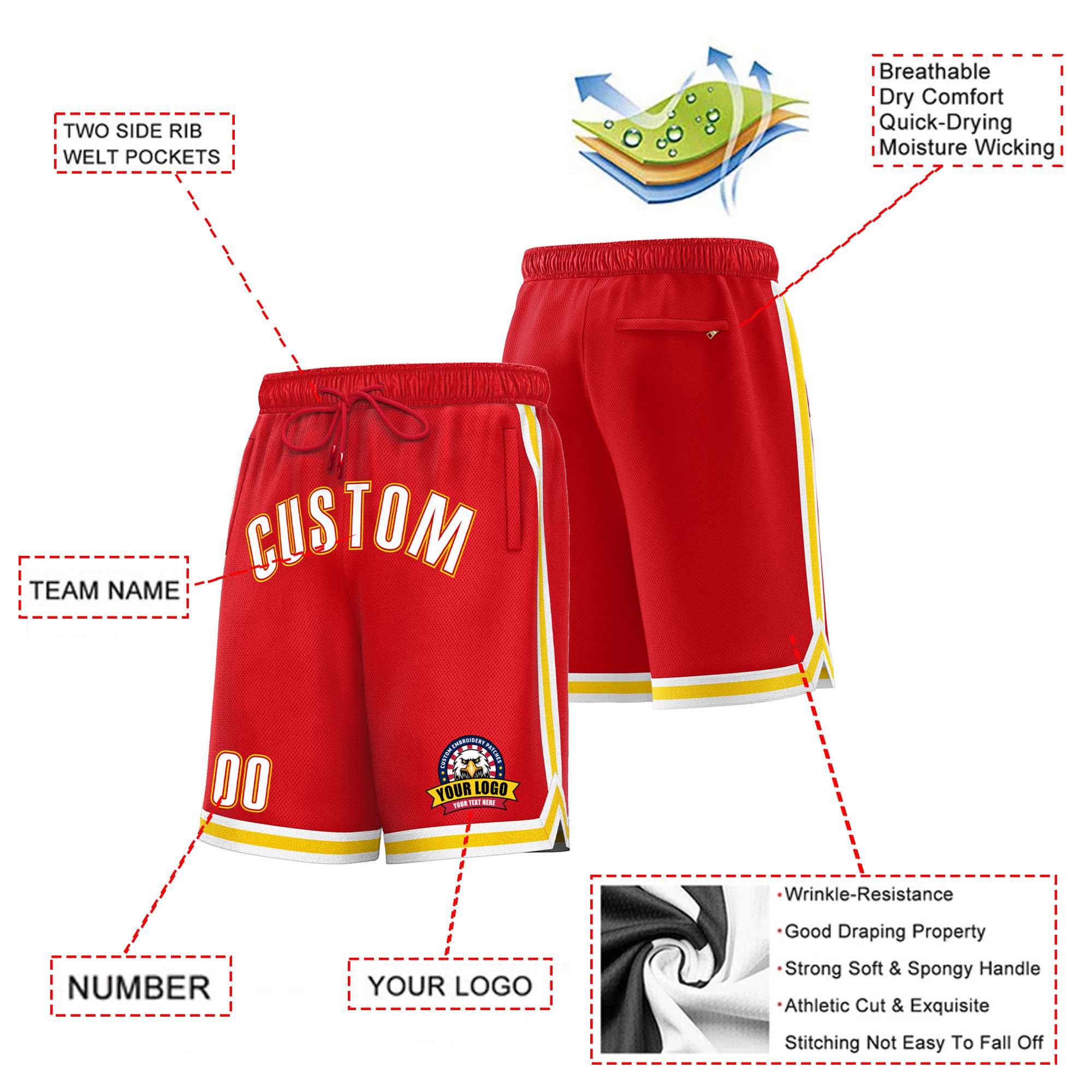 Custom Red Gold2-White Sport Basketball Shorts