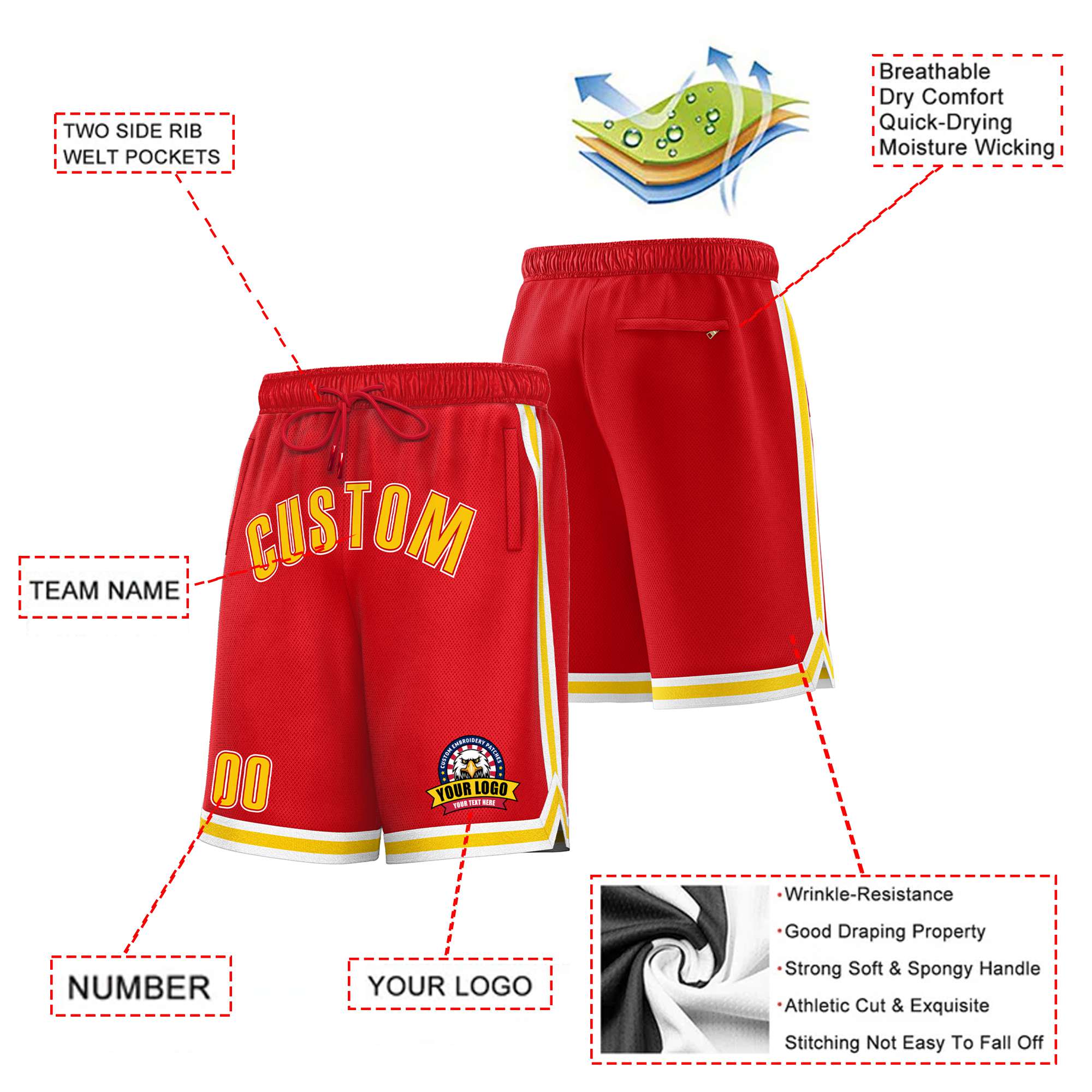 Custom Red Gold2-White Sport Basketball Shorts