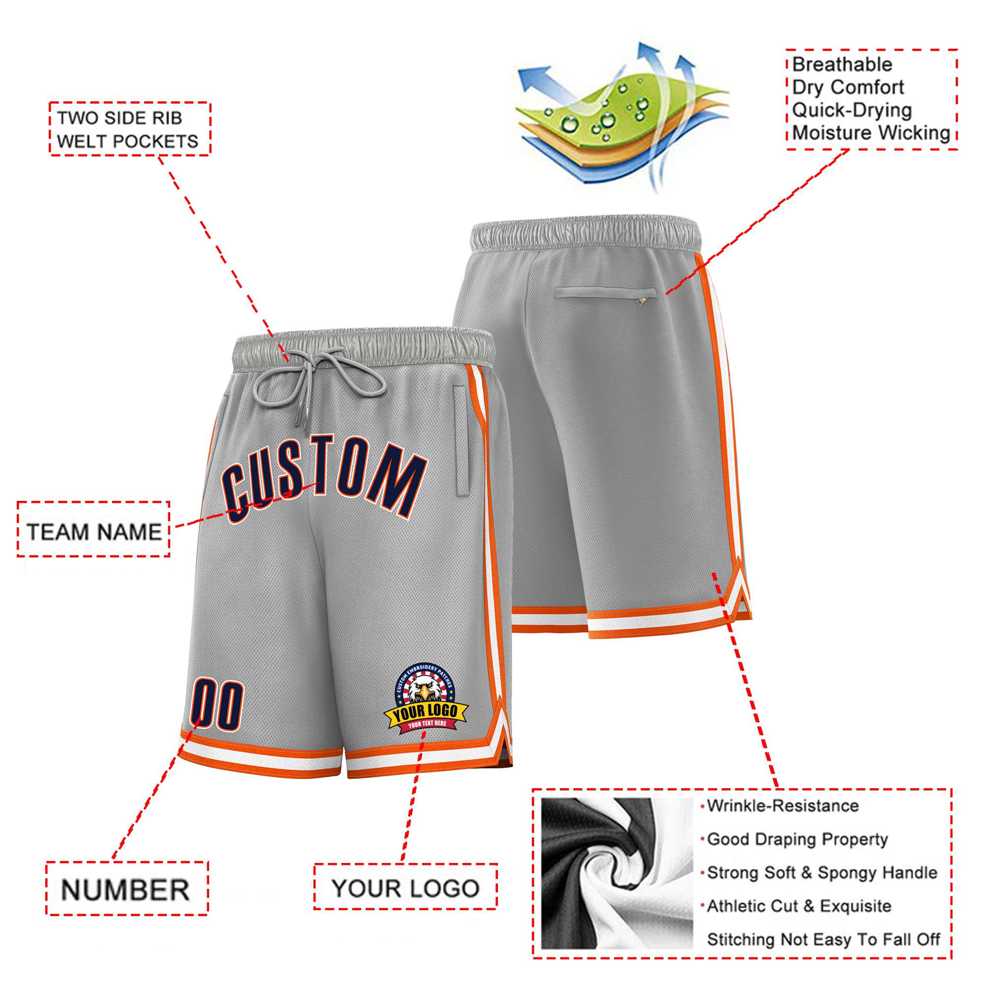 Custom Gray Orange-White Sport Basketball Shorts