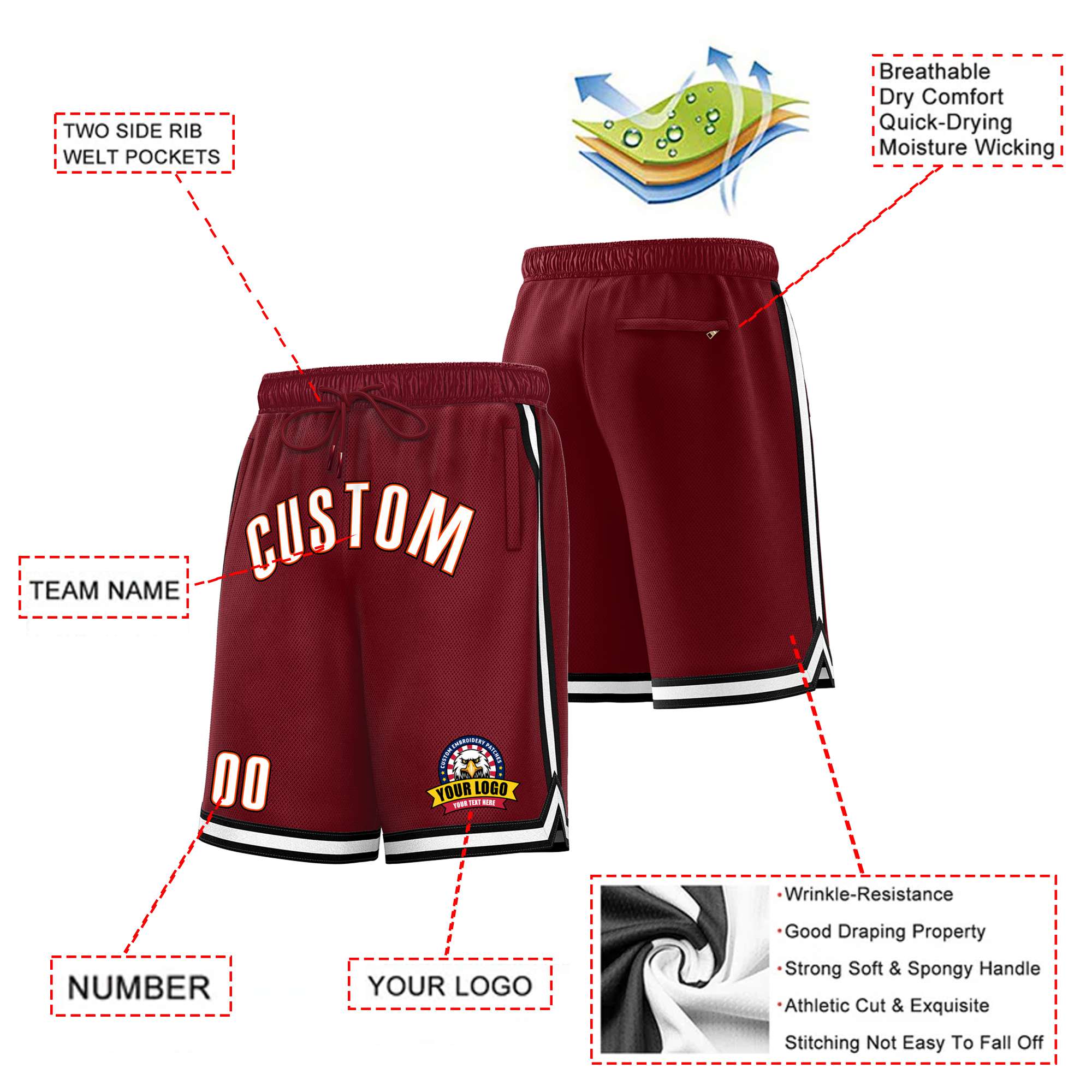 Custom Maroon Black-White Sport Basketball Shorts