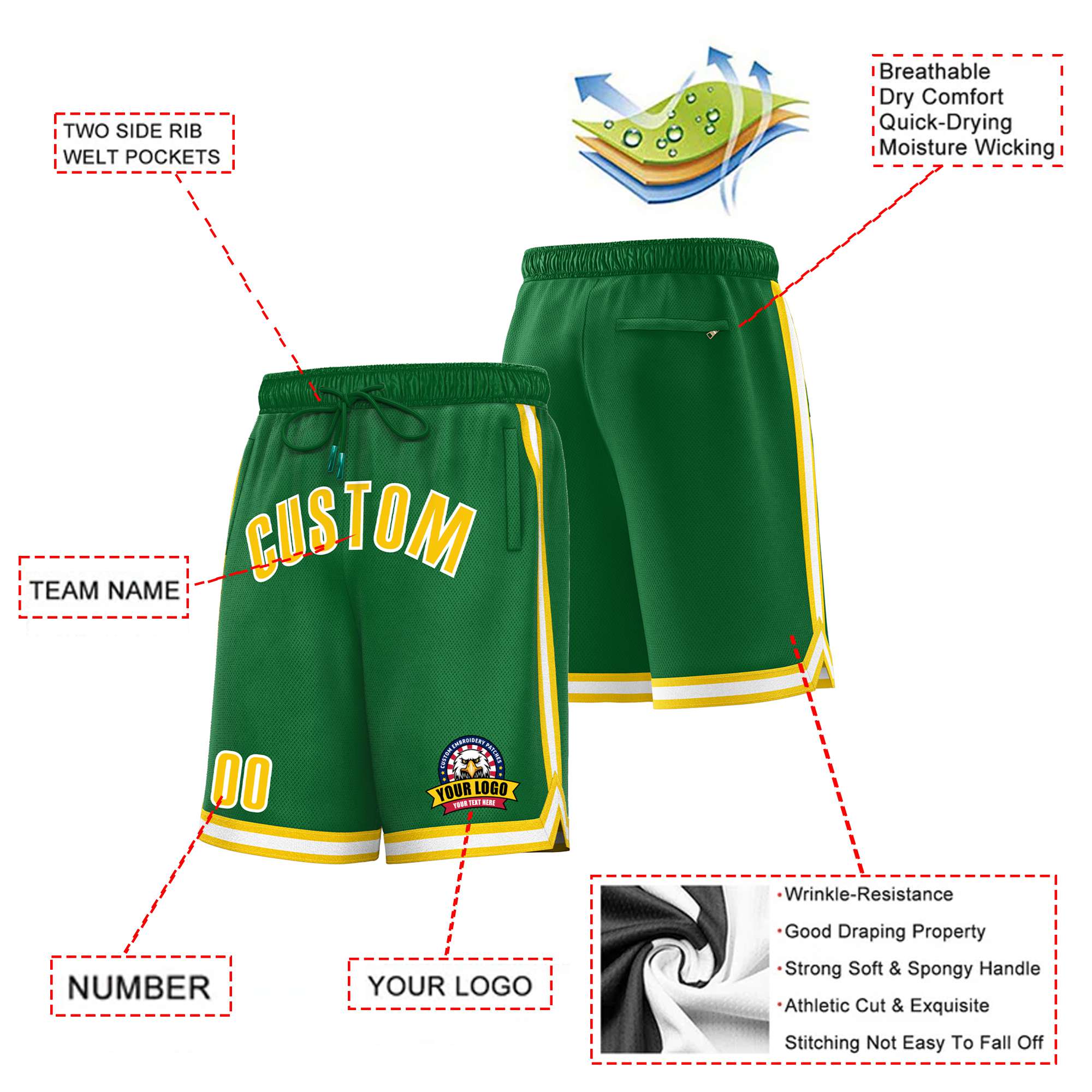 Custom Green Gold02-White Sport Basketball Shorts