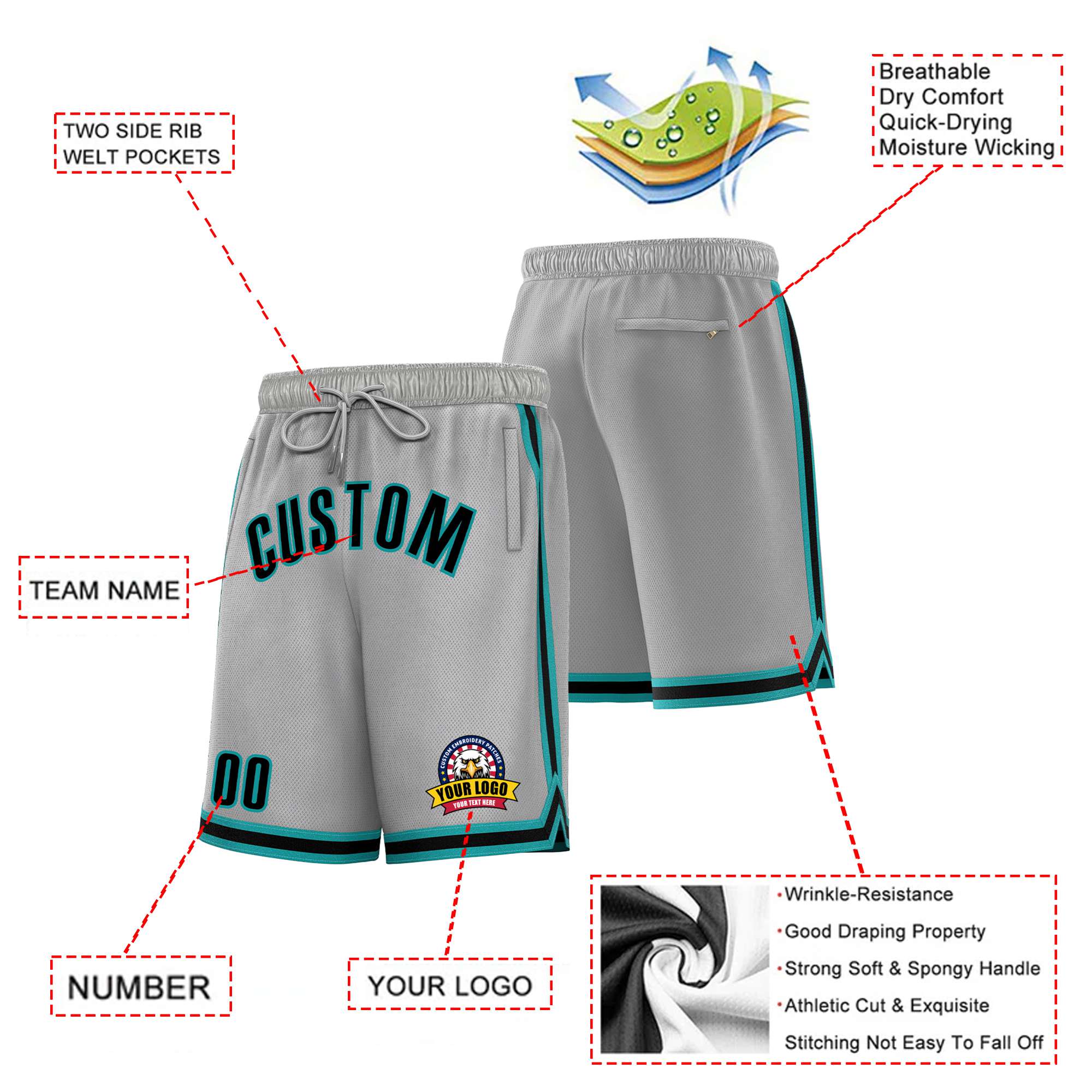 Custom Gray Aqua-Black Sport Basketball Shorts