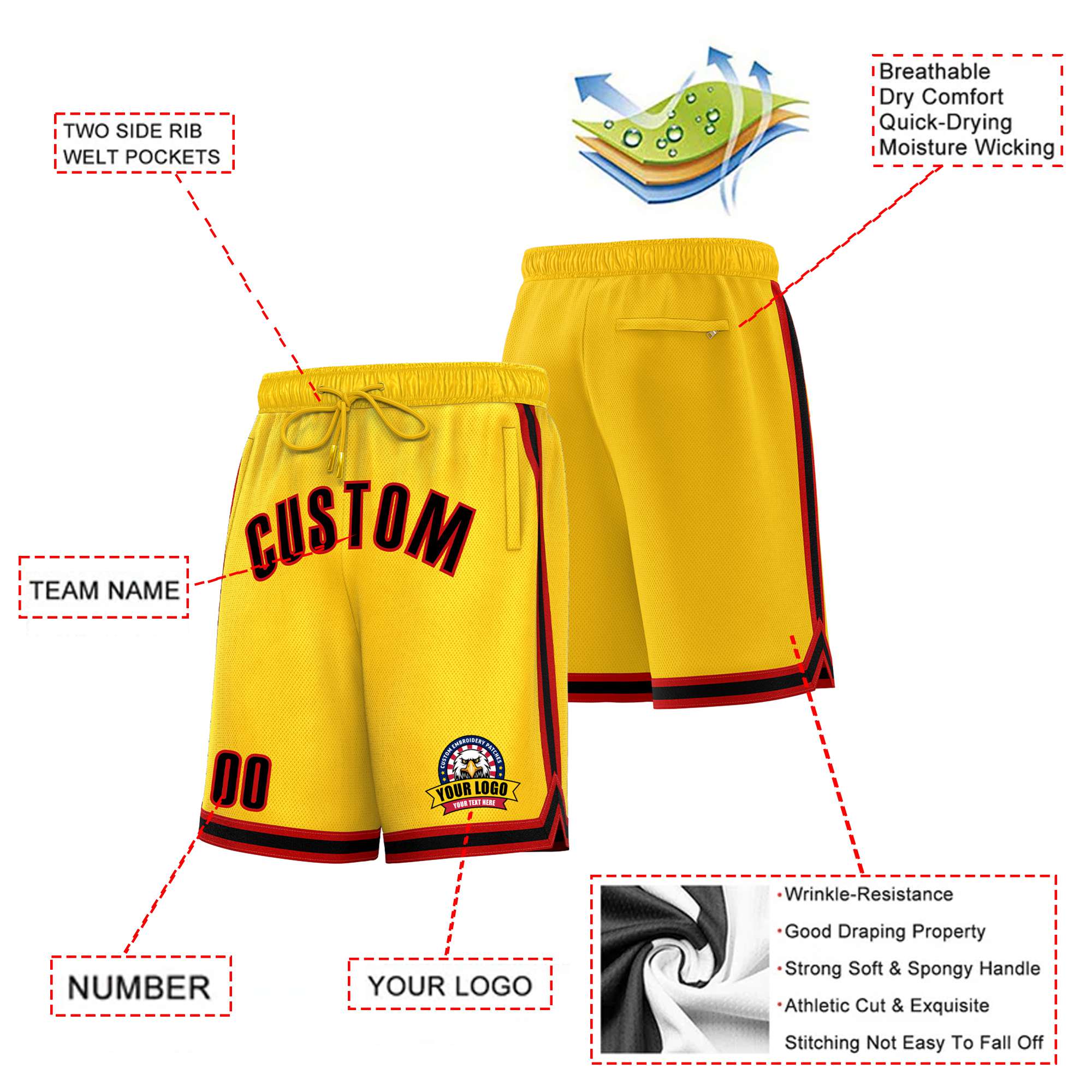 Custom Yellow Red-White Sport Basketball Shorts