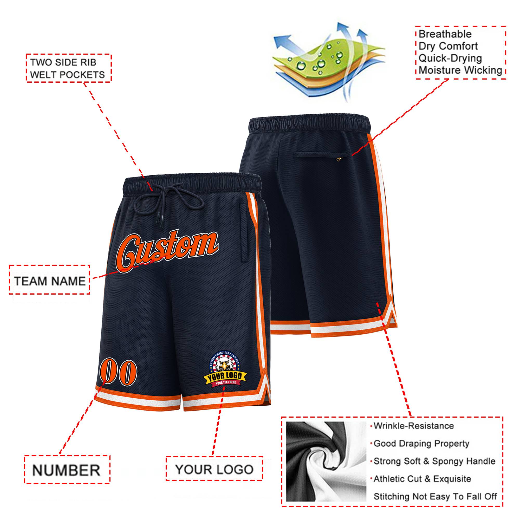 Custom Black Orange-White Personalized Basketball Shorts